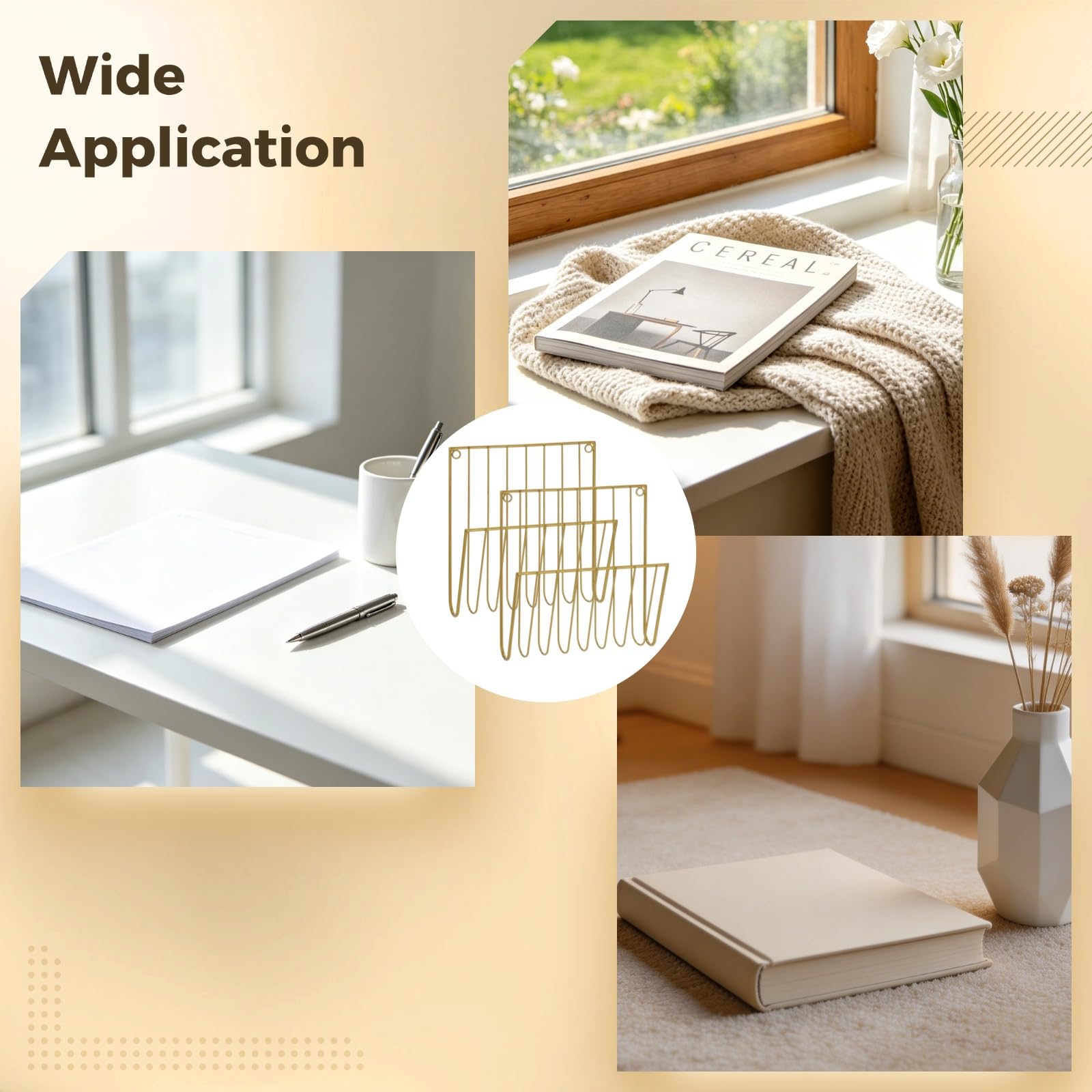 Lot de 2 porte-revues muraux, organisateur de dossiers en fer métal, rangement suspendu pour courrier, journaux, brochures, support décoratif pour maison, bureau et salon, doré