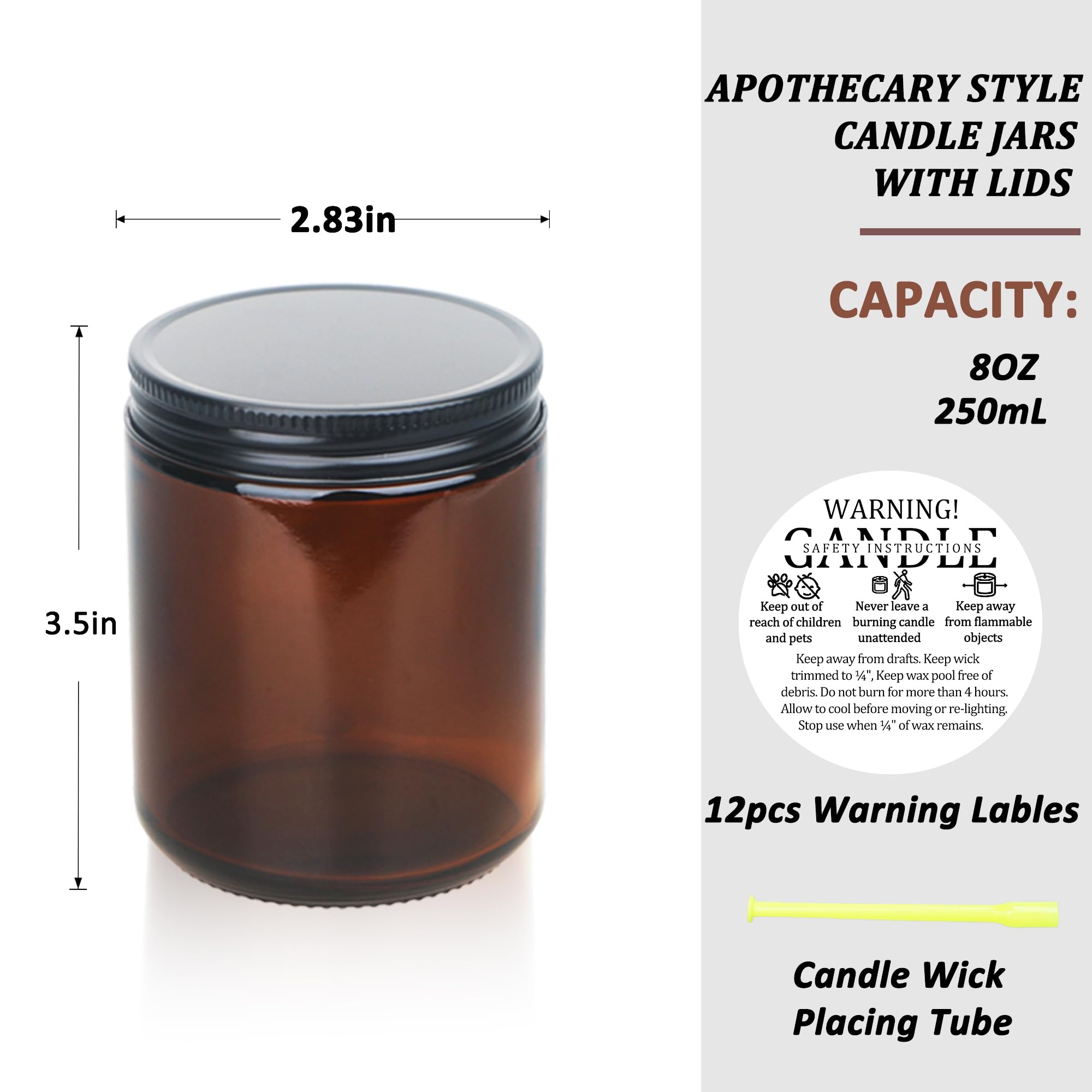 MILIVIXAY 12 Pack 250mL Thick Glass Dark Amber Candle Jars with All Black Metal Lids-Bulk Empty Candle Jars for Making Candles-Canning Jar for Spice Liquid - Image 3
