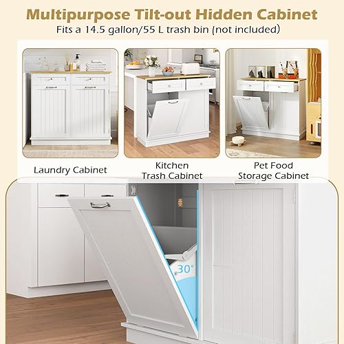 Miniatura 23 de Armario de basura inclinable, isla de cocina con 2 cajones y estante ajustable, encimera de madera de goma, cesta de lavandería independiente,