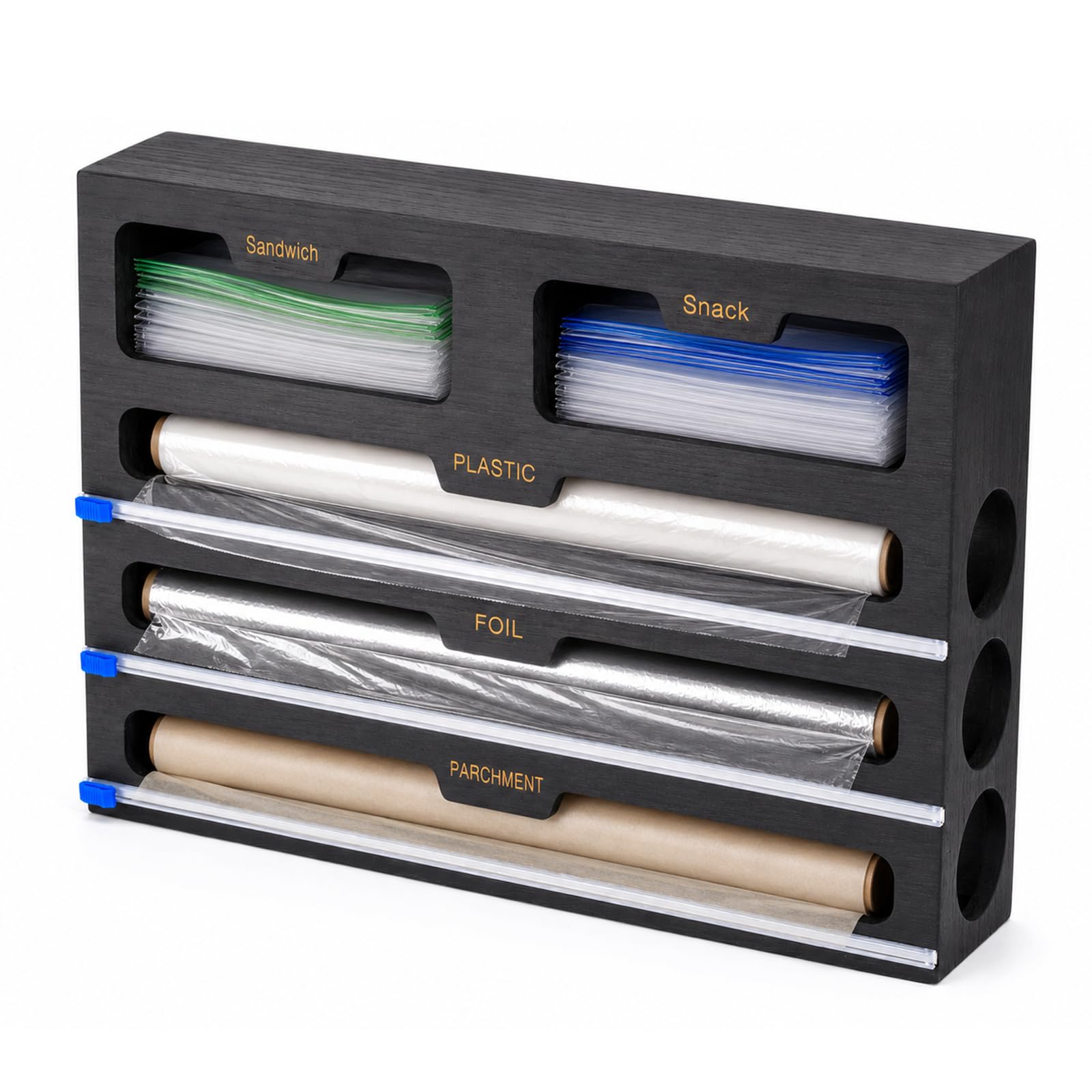 CROWNSHOP Foil and Cling Film Dispenser & Cutter, 4 Roll Bamboo Black