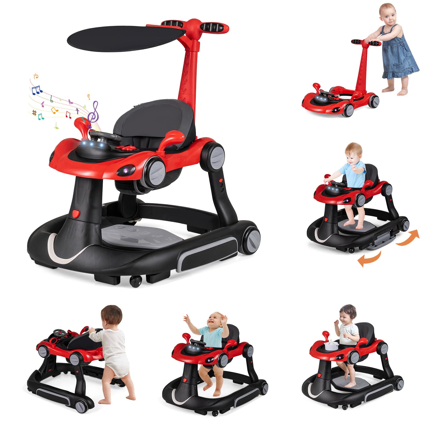 HONEY JOY Baby Walker 7-in-1 Foldable Baby Bouncer and Rocker Combo Infant Activity Center w Canopy Wheels Adjustable