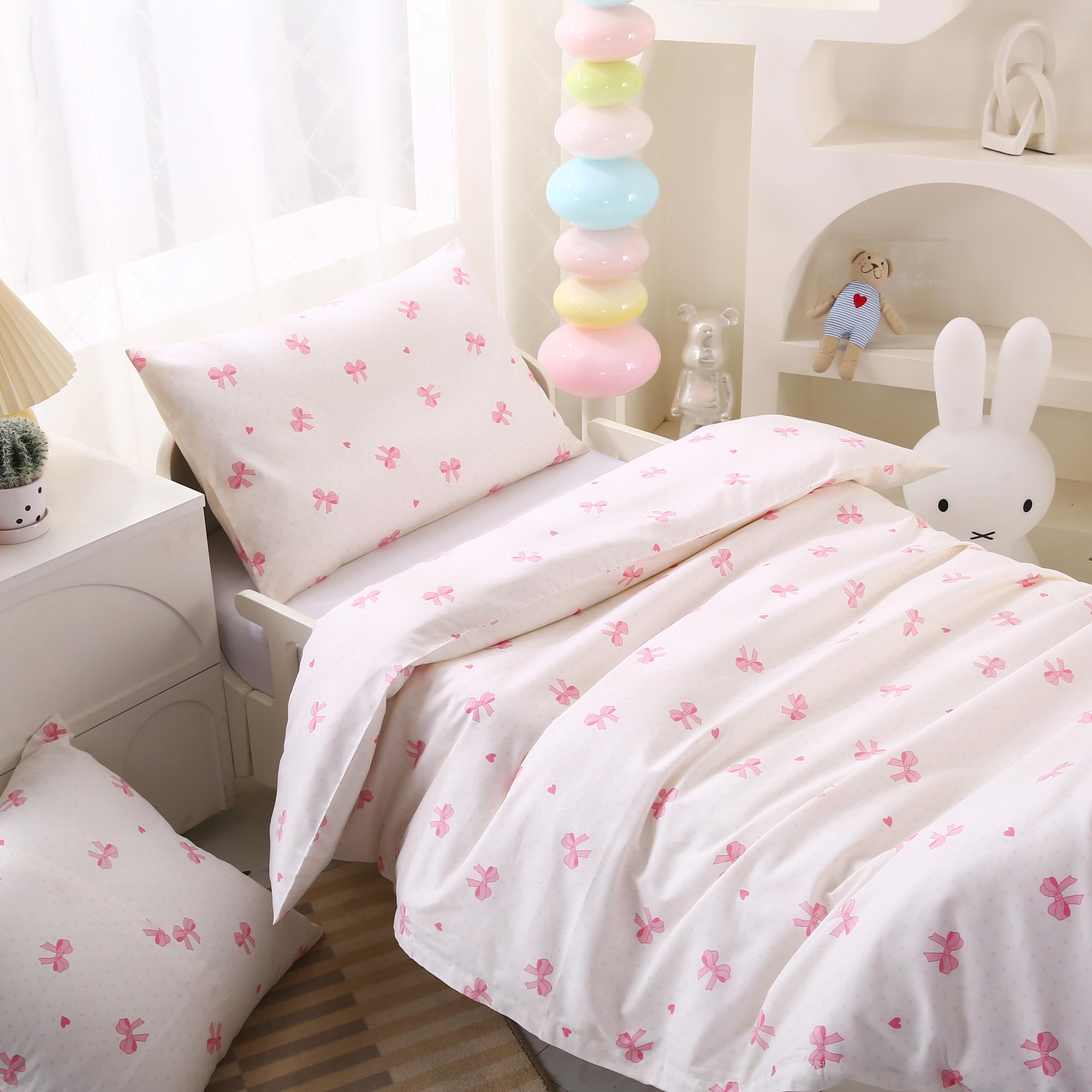 HMtideby Pink bowknot Toddler Kids Bedding Set for Girls, Cot Bed Duvet Cover with Pillowcase, 2 pcs, 120 x 150 cm - Image 4