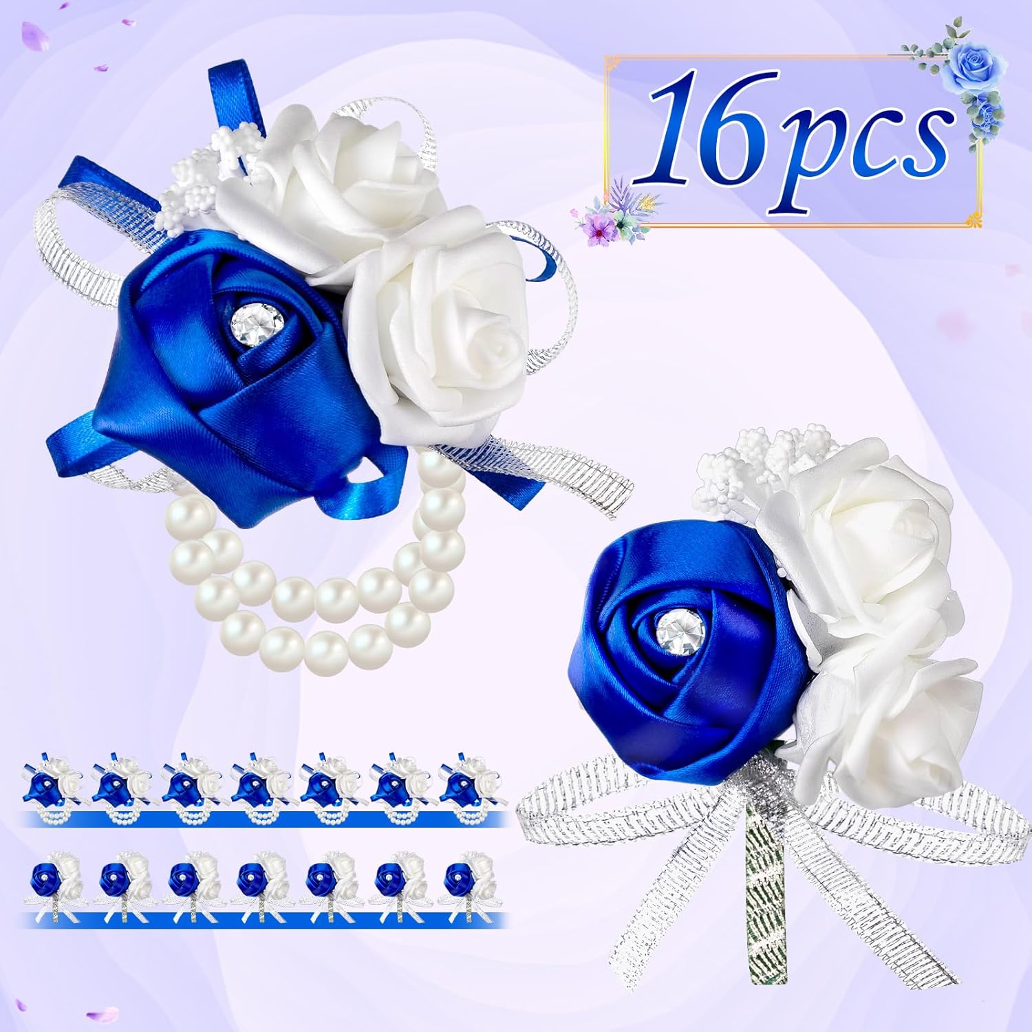 Zeyune 16 Pcs Royal Boutonniere for Men, Rose Corsage Wrist Prom Set for Women Bridal Bridesmaid, Flower for Wedding Ceremony Anniversary Party Homecoming Decor(Royal Blue) - Image 4