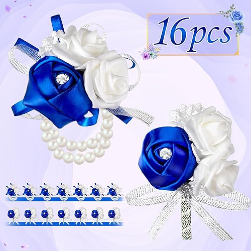 Miniatura 4 de Zeyune Juego de 16 ramilletes de muñeca de rosas y boutonniere con flores, ramilletes de pulsera y novios para hombre, para boda, graduación,