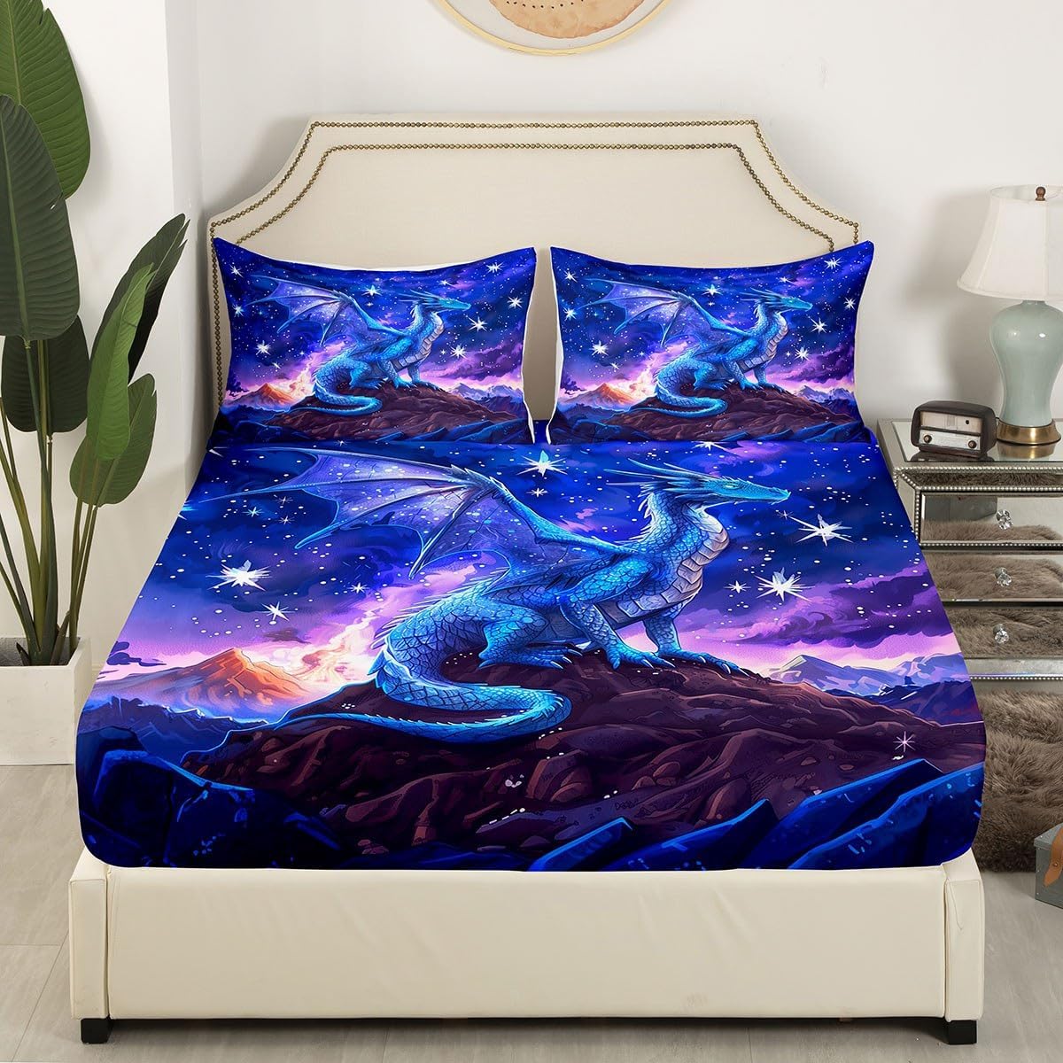 Dragon Top Flat Sheet Queen Size,Starry Sky Mountains Bedding Set for Kids Girls Boys Room Decor,Blue Purple Western Magical Bed Sheet Set 4Pcs,Wild Animal Trippy Deep Pocket Sheet,2 Pillowcases