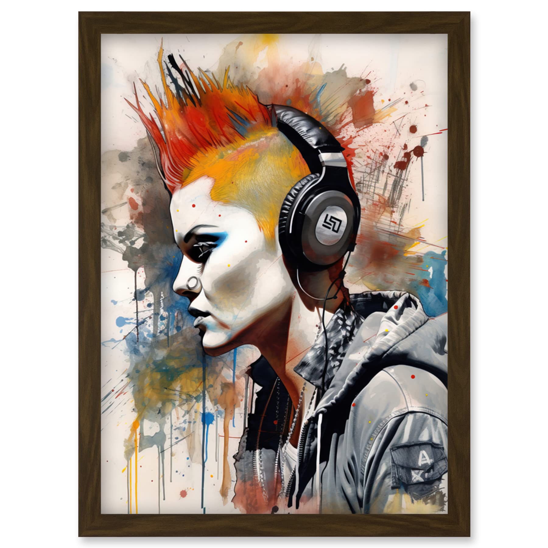 Artery8 Edgy Young Punk Woman with Red Mohawk and Headphones Listening to Music Modern Watercolour Painting Artwork Framed Wall Art Print A4