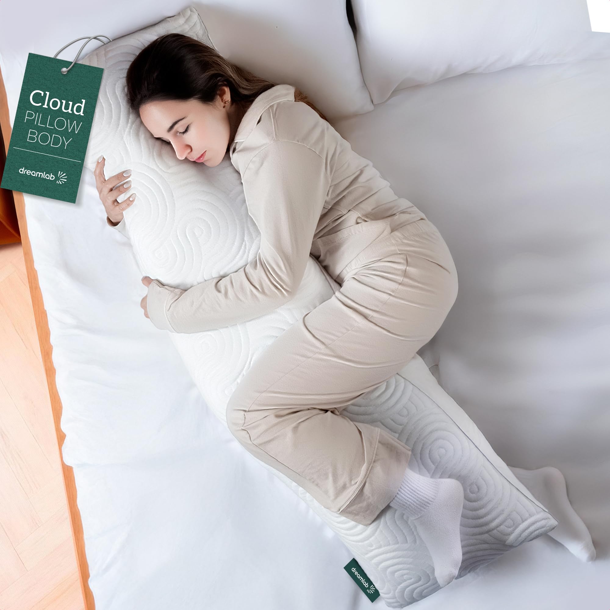 Dreamlab Almohada Cloud Pillow |Almohada Corporal, Funda de Bambú, Altura Ajustable, Memory Foam y Microfibras |Dormir de Lado o Embarazo| Hipoalergénica, Certificaciones | Tamaño Body (45cm x 135cm) - Body (Paquete de 1)
