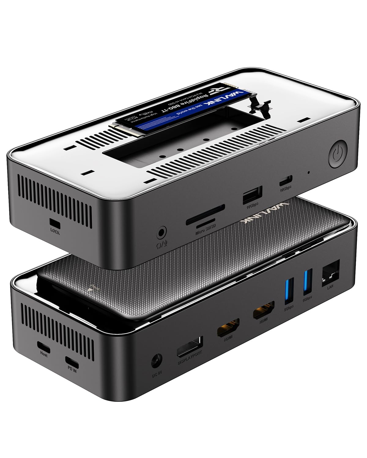 WAVLINK Laptop Dockingstation für DREI Bildschirme (einzeln 8K@30Hz/4K@144Hz), USB-C-Dock mit M.2-PCIe/SATA-SSD-Gehäuse, unterstützt 100 W Power Delivery, USB C/A, SD/TF, Gigabit für Windows, Mac OS