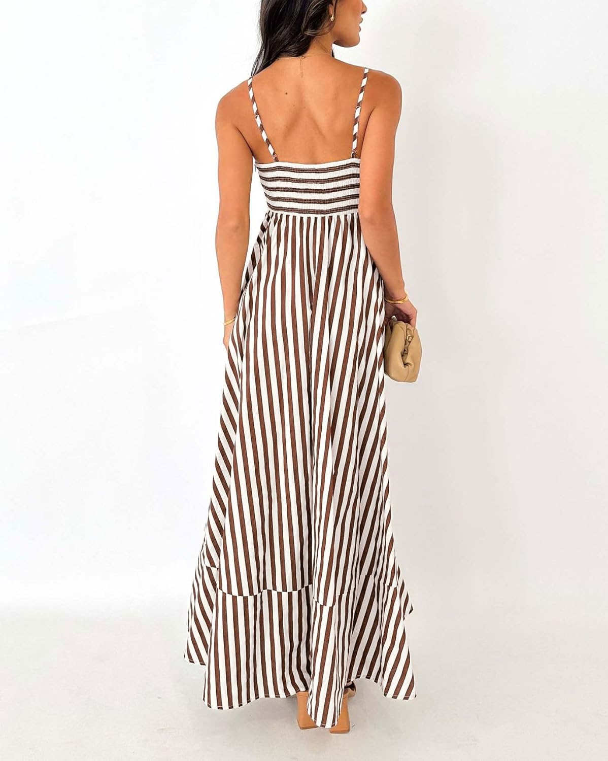 chouyatou Women's Striped Back Smocked Maxi Dress Sexy Spaghetti Strap Ruffle Hem Bohemian Flowy Swing Long Dress - Image 4