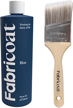 Fabricoat - Fabric Paint for Furniture 500ml Blue + Angled Paint Brush | Firm Bristled Brush with Wooden Handle | Restore or Change the Color of Couches, Chairs, Upholstery