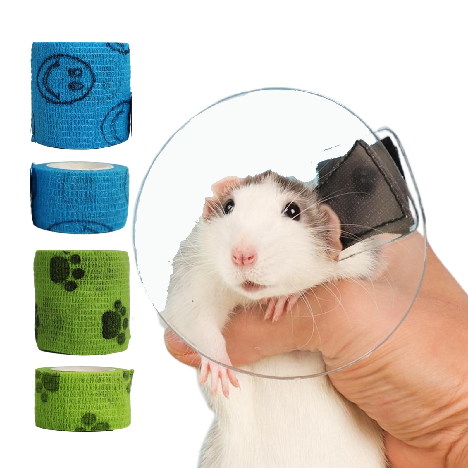 MANON ROSA Hamster Recovery Cone-E Collar &amp; 4Pcs Self-Adhesive Bandages Set - Post Surgery Neckwear for Small Animals Rabbits Rats Ferrets Squirrels Chinchilla- Pet Medication Supplies(1C4B Large)