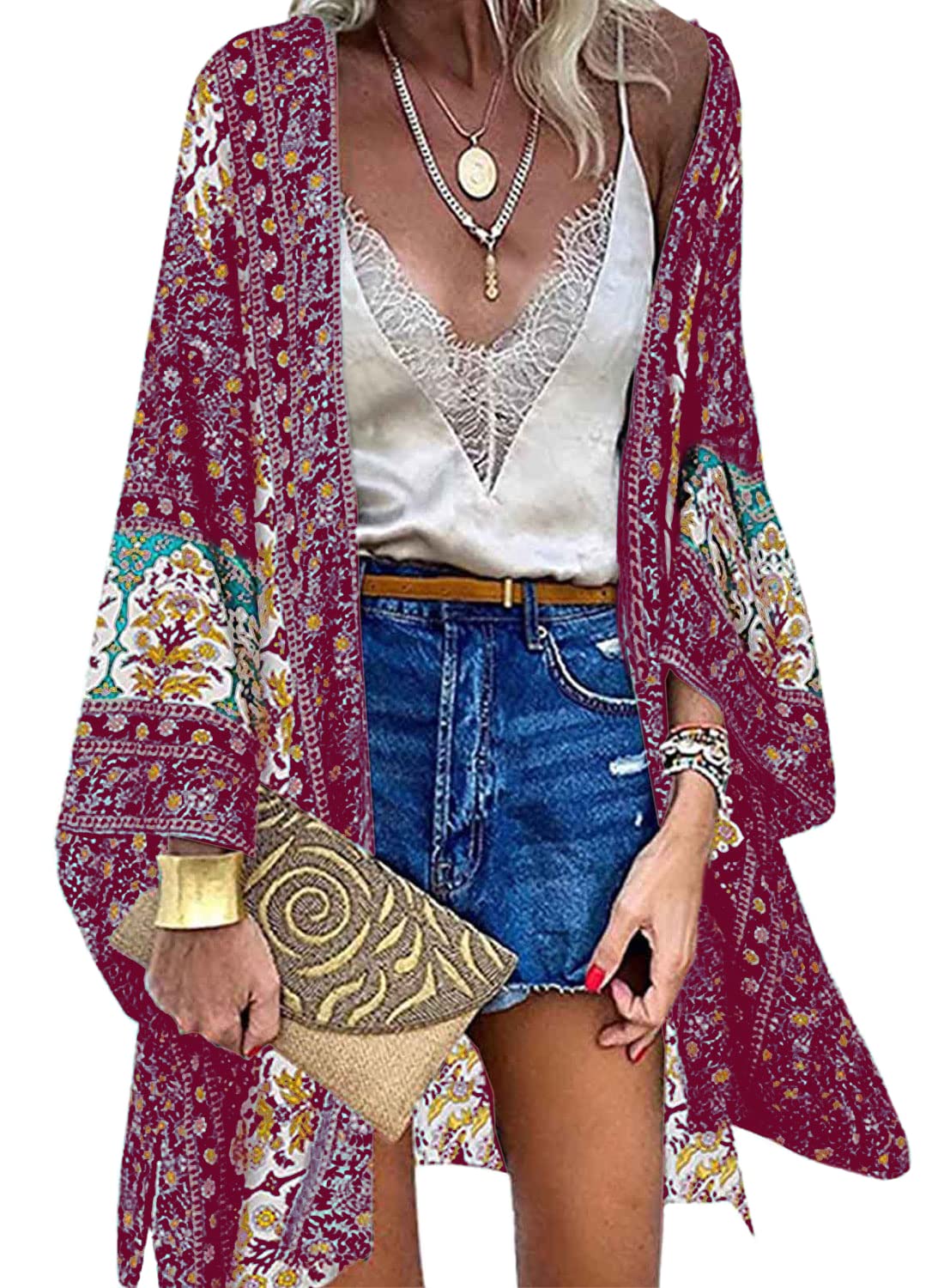 CheChury Mujer Cárdigan Kimono Vestido de Playa Floral Kaftan Bohemio Chal Suelto Kimono con Estampado Floral Pareos Playa Bohemia Tops Blusa Casual Boho Bikini Cover Up Caftan Playa Chal Verano Chic
