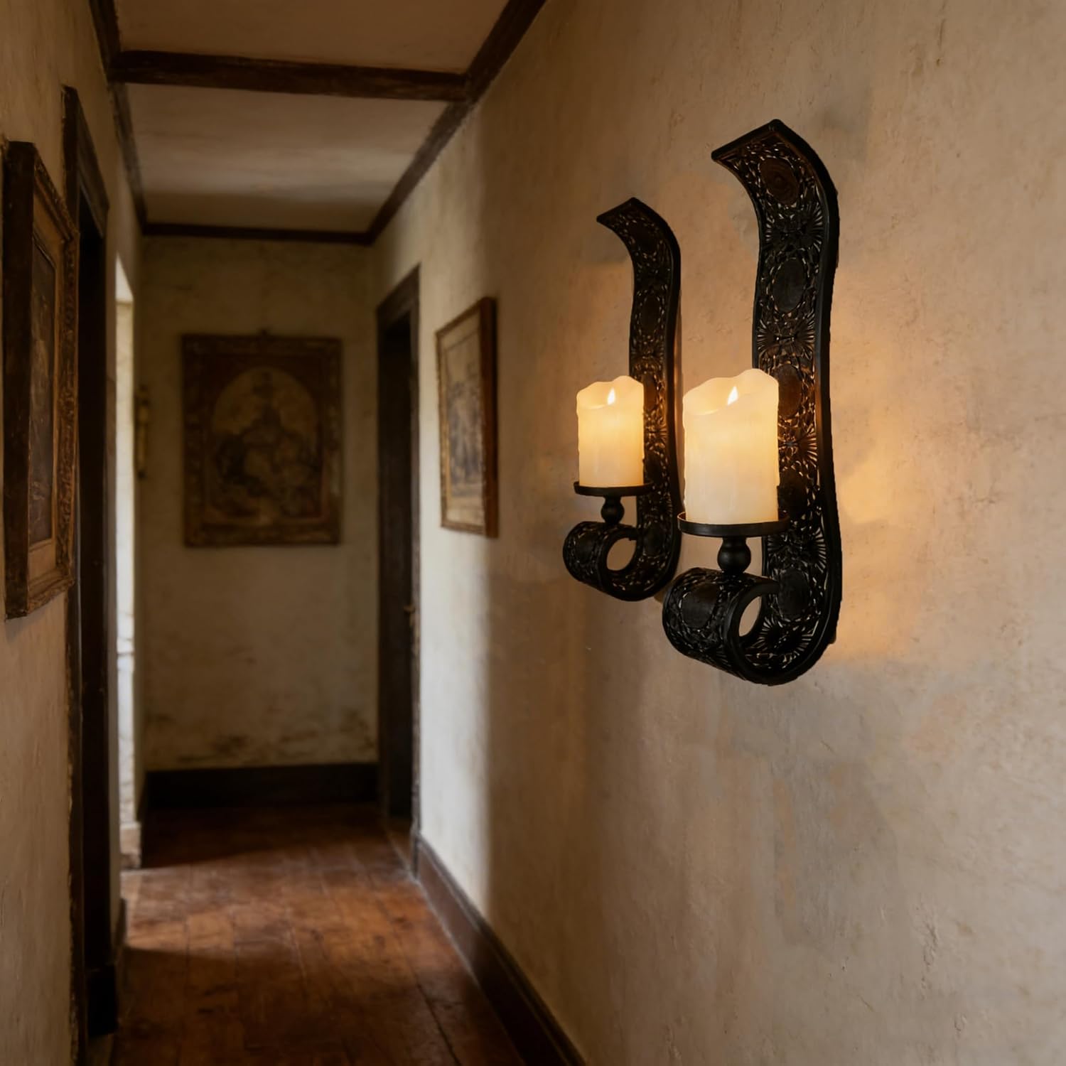 Wall Candle Sconce Set of 2,Black Metal Wall Mount Candle Holder，Spanish Baroque Hollow Carving Wall-Mounting Sconces for Living Room, Bathroom, Dining Areas,Hallways Decorations