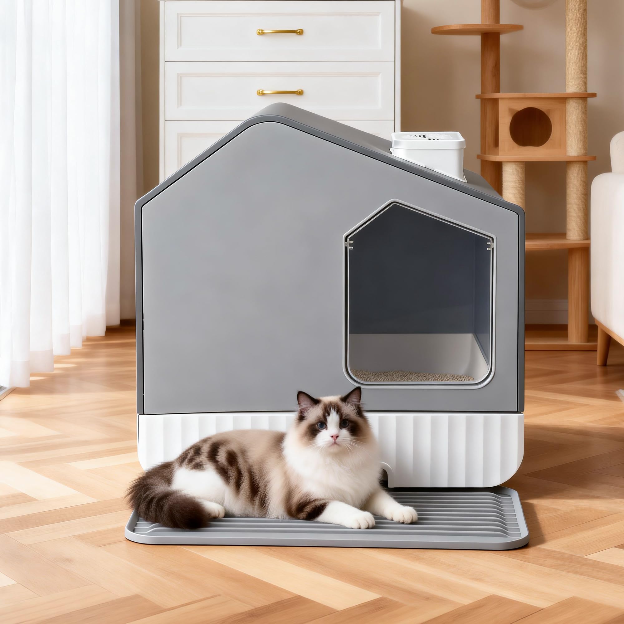 Caja de arena cerrada extra grande para gatos con alfombrilla y cuchara de arena, inodoro para gatos sin olor, antisalpicaduras, bandeja de arena cubierta con capucha para gatos