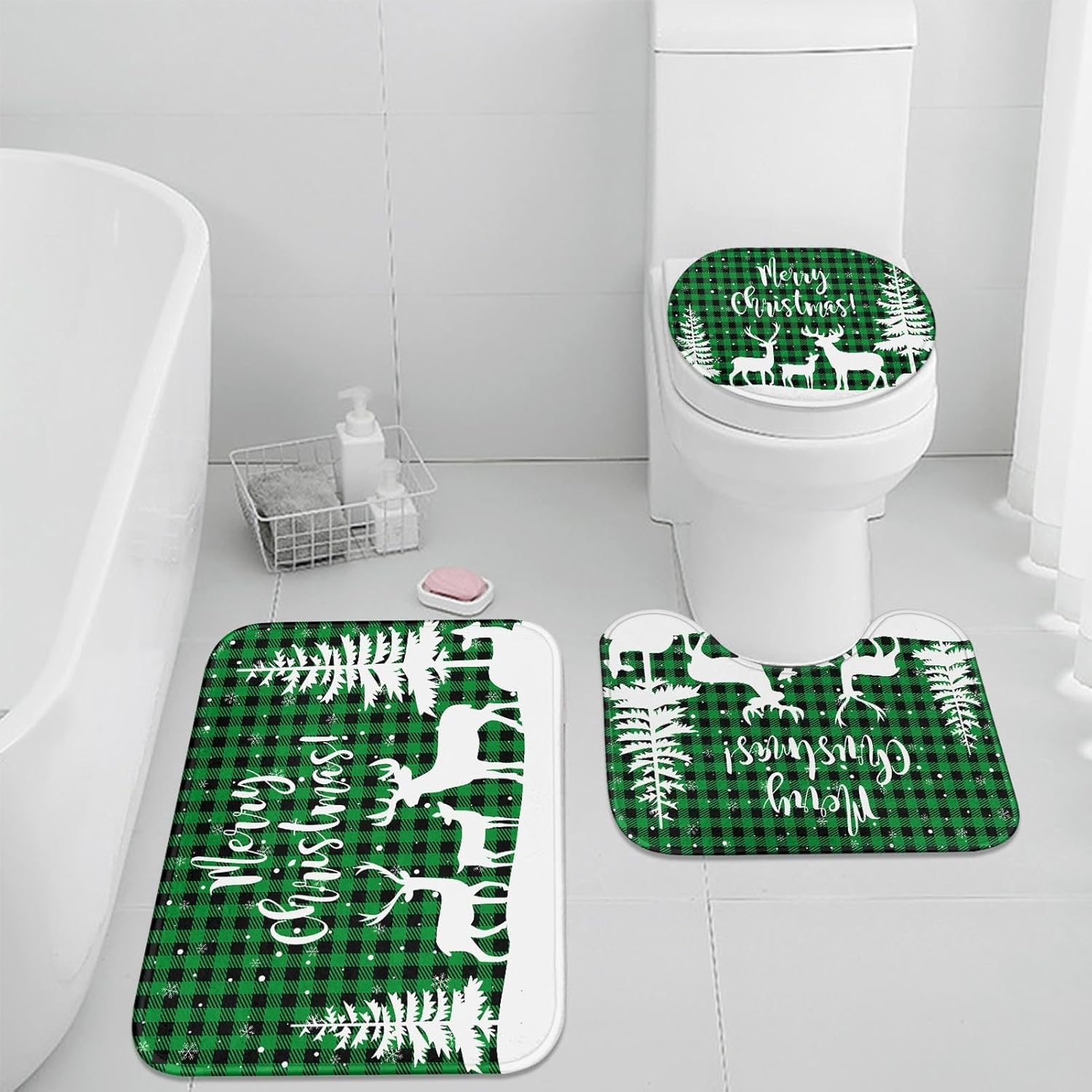 Arttown Christmas Bathroom Rug Set of 3, Reindeer and Pine Trees 3 Pieces Bath Mats