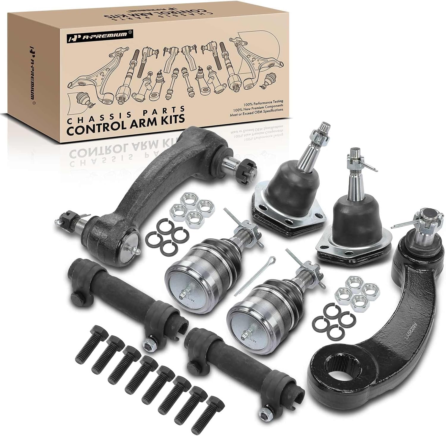 A-Premium Set of 8, Front Upper Lower Ball Joint, Idler Arm, Pitman Arm, Compatible with Chevrolet G10 1983-1995, G20 1983-1995, GMC G1500 1983-1995, G2500 1983-1995, with Power Gear Box