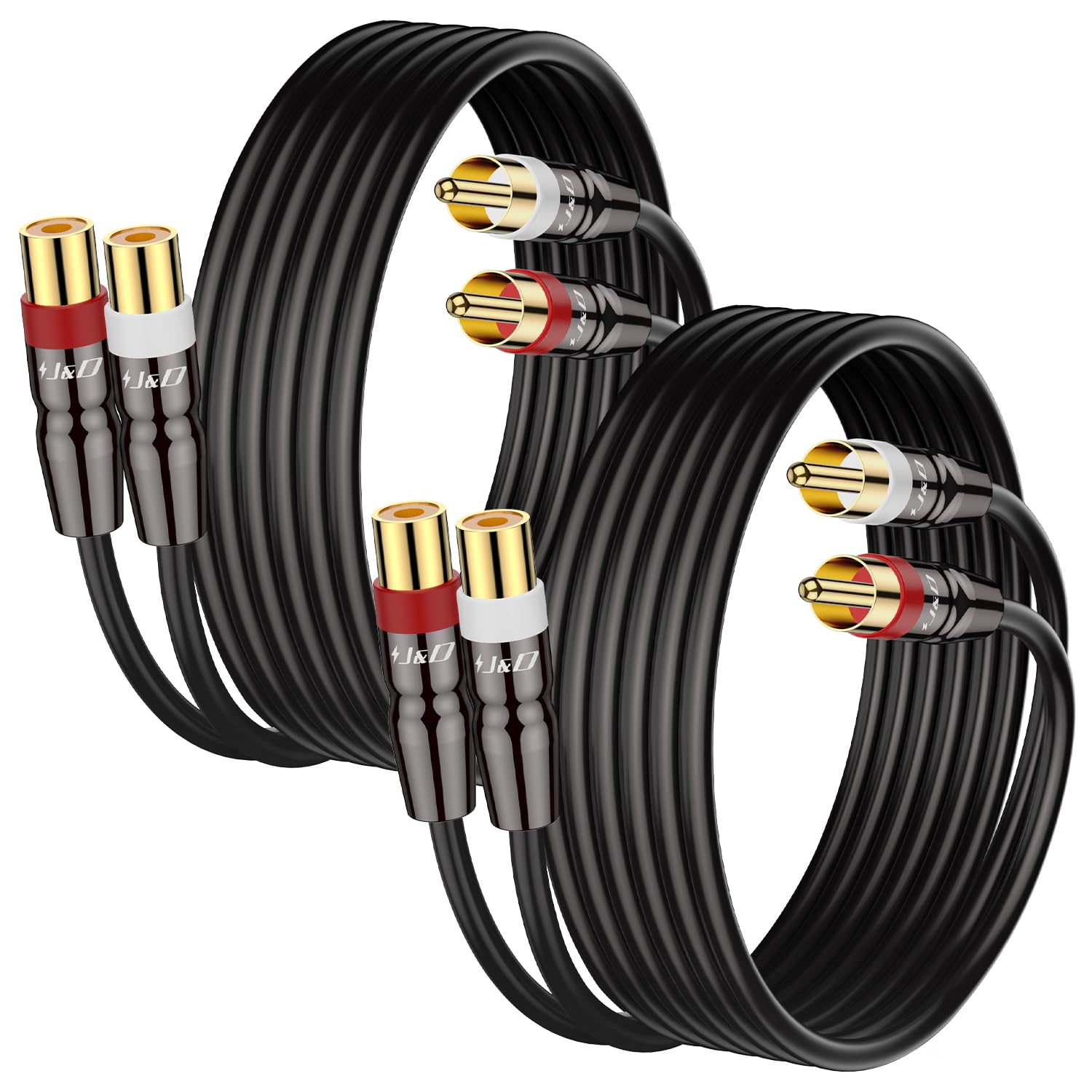 J&D 2 RCA M/F Stereo Audio Cable, 2-Pack Copper Shell Gold-Plated 2 RCA Extension Cable Male to Female Stereo Audio Extender Cord Adapter, 3 Feet