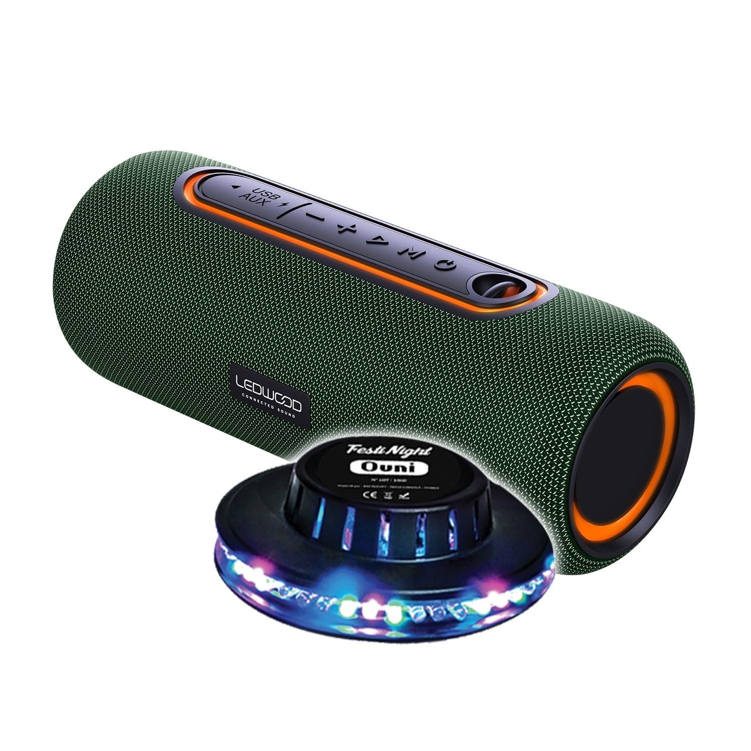 Ledwood Enceinte Nomade XTREM140 LD-XT140BT-GREEN, 100W/10W RMS, Bluetooth 5.0, TWS, Etanche IPX5, Autono. 6H, Jeu Lumière Ovni