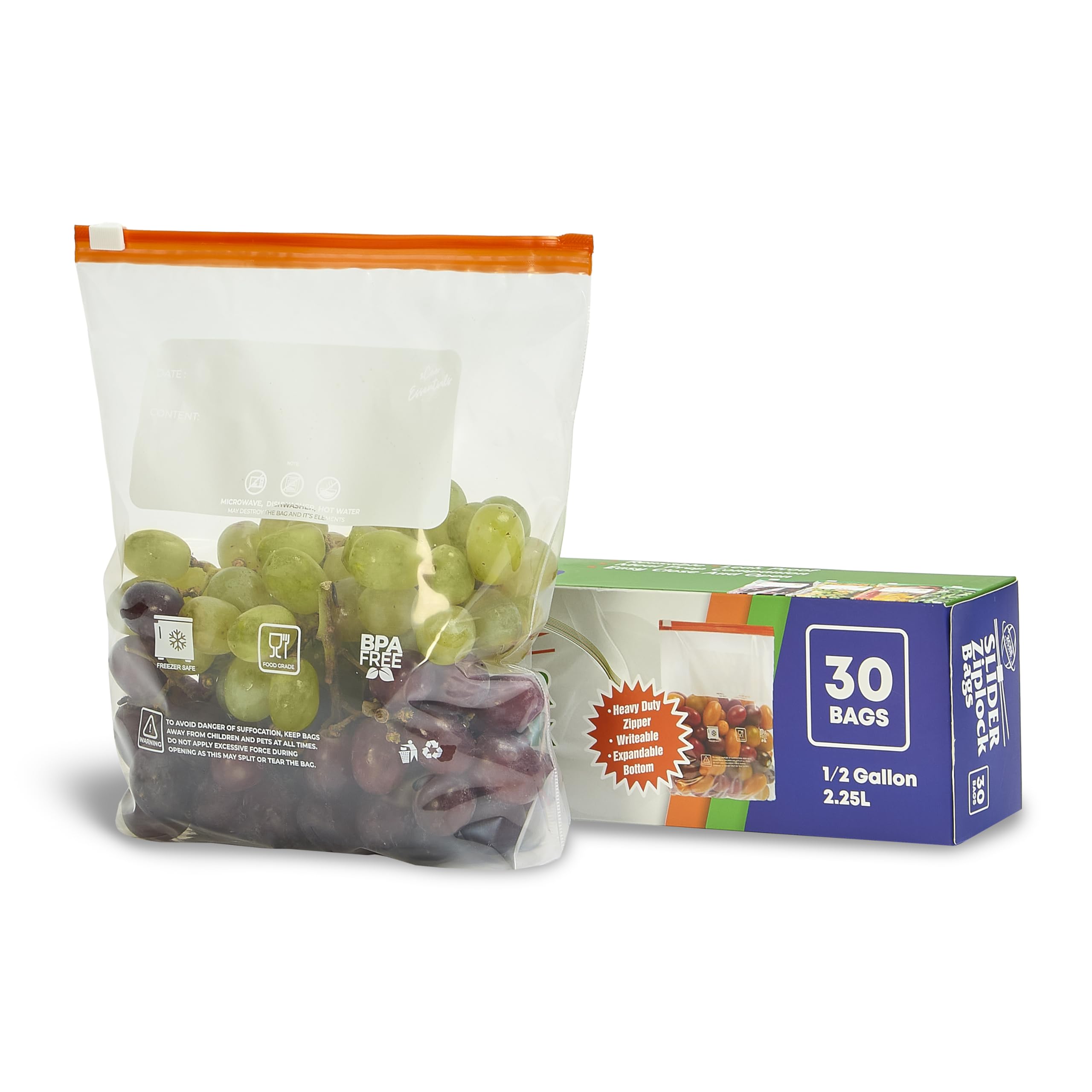 2Cee Essentials Medium Slider Ziplock Bags (30pcs, ½ Gallon / 2.25L) – Reusable Freezer Bags for Meal Prep, Food Storage, Sandwich, & Snacks – Leakproof, Heavy Duty, BPA-Free, Resealable Plastic Bags