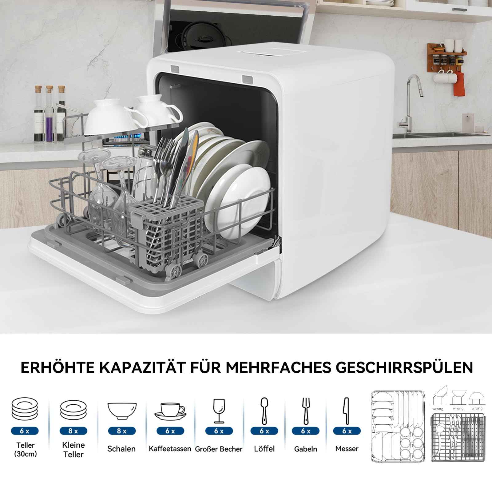 YU YUSING Mini Geschirrspüler Tischgeschirrspüler 7 Programme 3 Gedecke 4.8L Wassertank LED-Display Touch-Steuerung