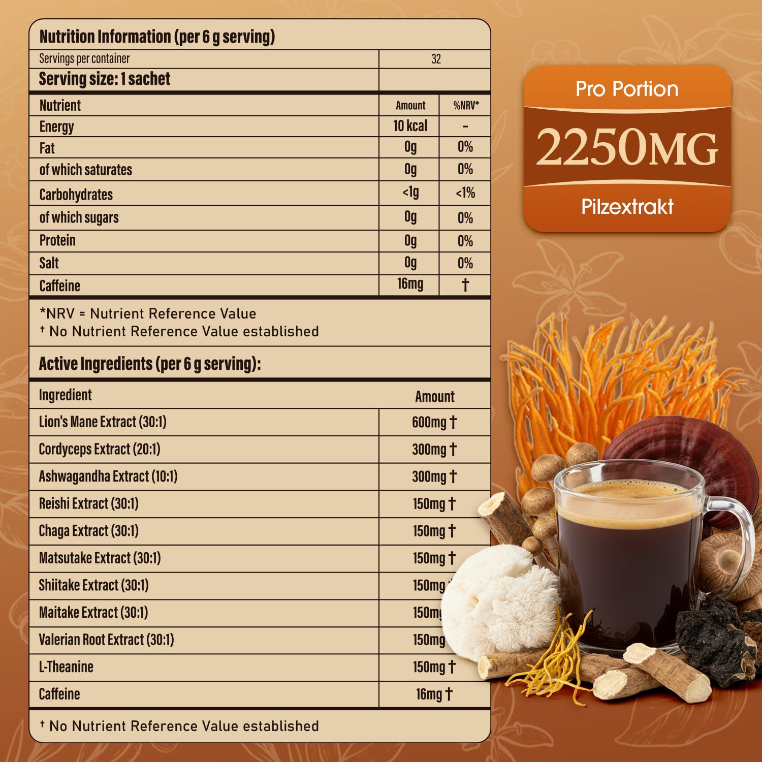 Pilzkaffee – Mushroom Coffee in 32 Einzeldosisbeuteln (192 g) | 7 Pilzextrakte + Ashwagandha, L-Theanin & Baldrian | 2250 mg Wirkstoffkomplex pro Portion (Schokolade)