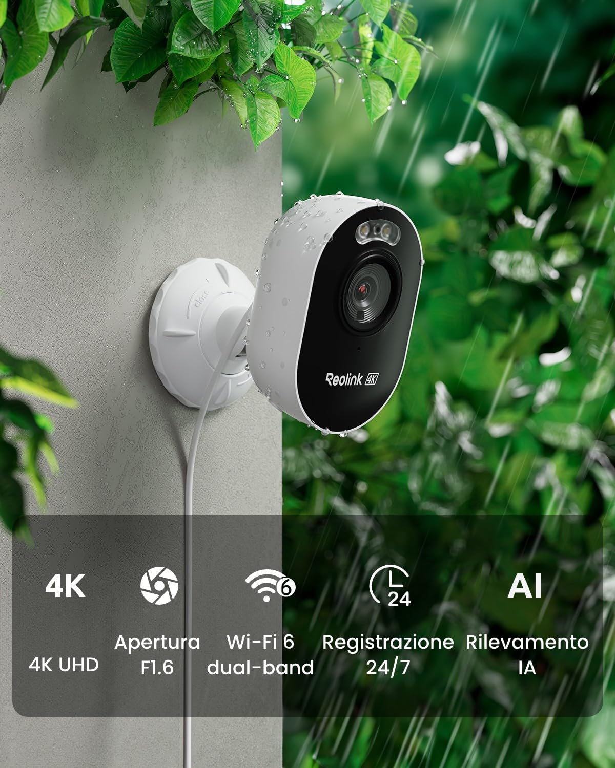 Reolink Telecamera Wi-Fi Esterno 4K con Wi-Fi 6 Dual-Band 2.4/5GHz | Rilevamento di Persone/Veicoli/Animali, Visione Notturna con Faretto, Registrazione 24/7, Audio Bidirezionale, Lumus Pro
