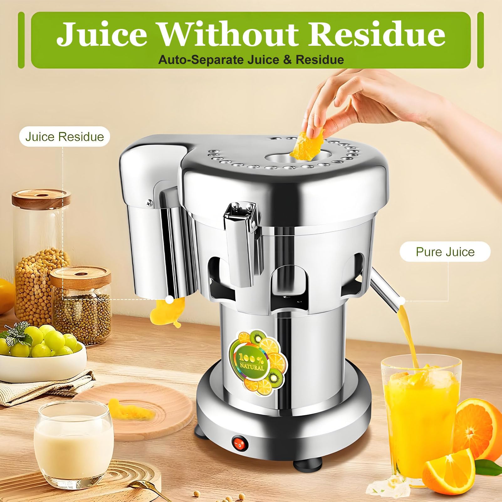 Estrattore di succo commerciale, macchina centrifuga elettrica per succhi ad alta resistenza, separazione di succo e residui, bassa rumorosità, spremitura di frutta e verdura per negozi di succhi