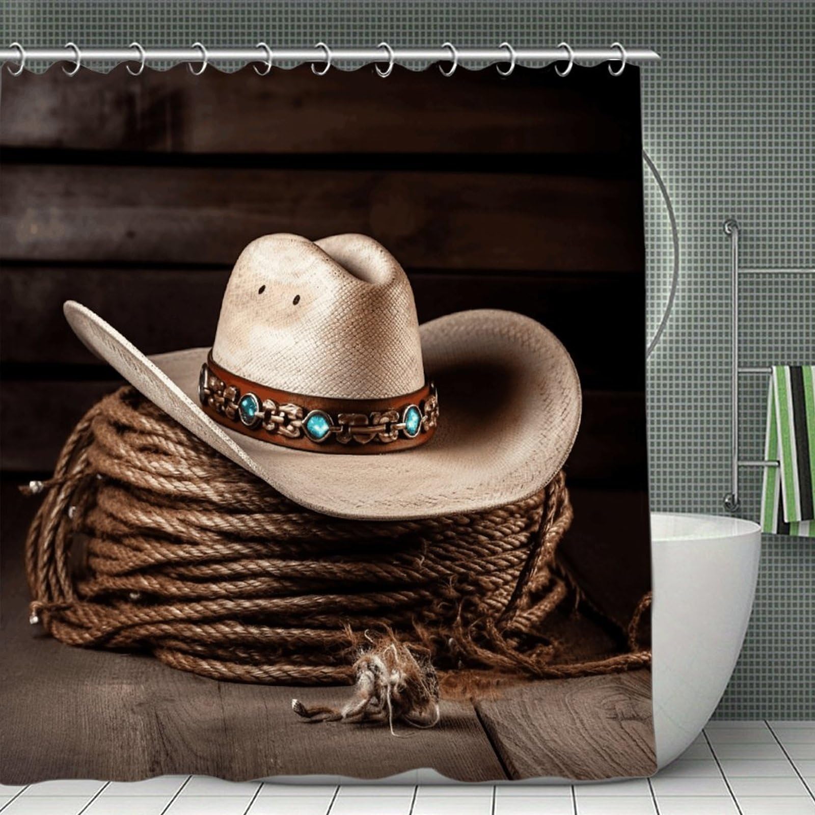 VstaDank American West Rodeo Hat Bath Curtain Elegant Heavy Duty Shower Curtains 70x70 in Rustic Farmhouse Cloth Shower Curtains Neutral Modern Bath Curtain for Bathroom