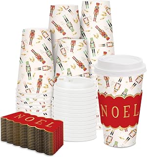 50Pcs Christmas Coffee Cups with Lids Sleeves 16oz Nutcracker Soldier Paper Cups Noel Disposable To Go Coffee Cup for Cafes Shops Cappuccino Chocolate Beverage Cocoa