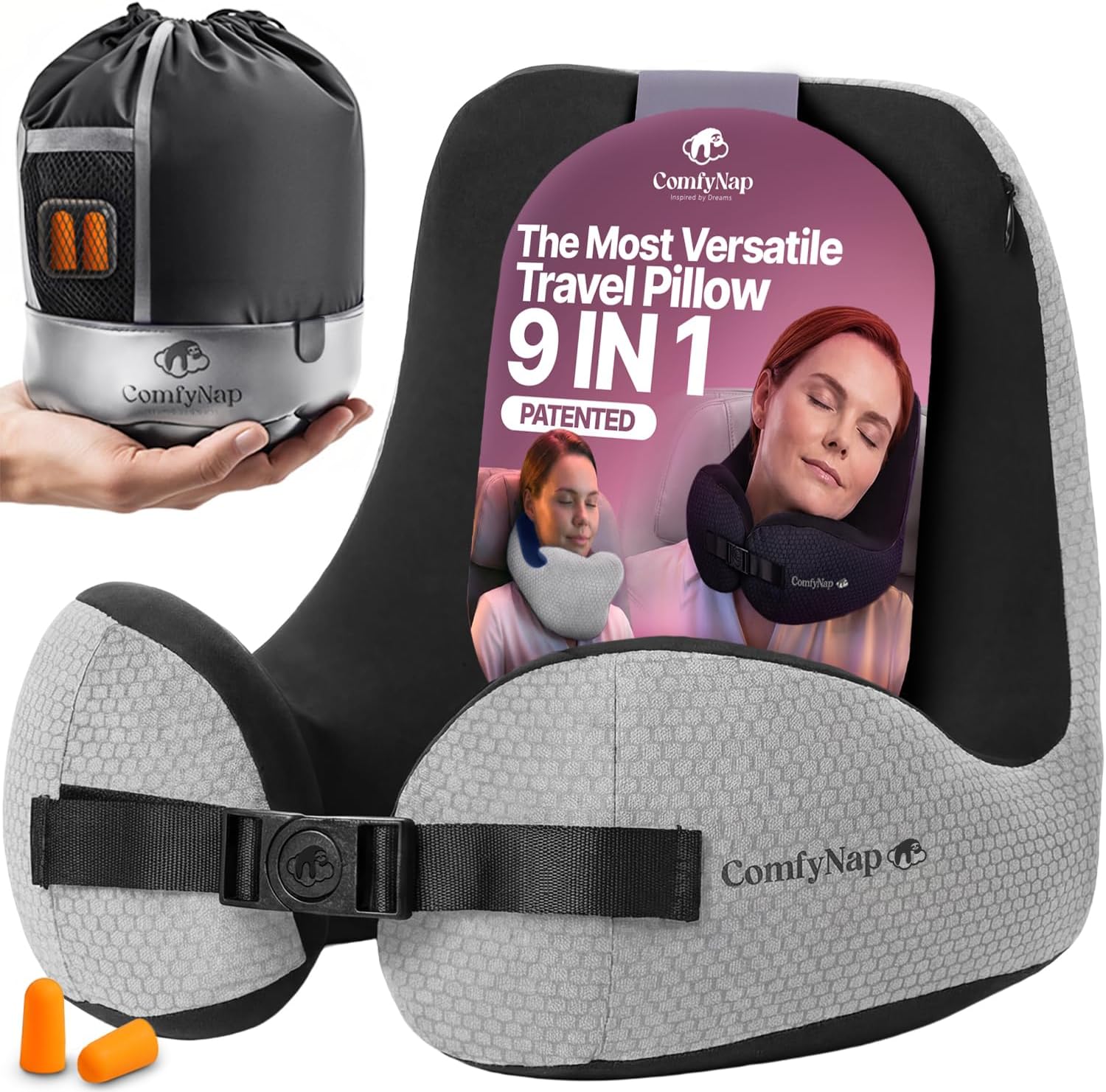 ComfyNap® Versatile Travel Neck Pillow for Airplane [Patented], 9 Positions in 3 Techniques, Plane Pillow with Pure Memory Foam, Travel Pillow with HeadRest Flight Sleep, Travel Essential - Mercury