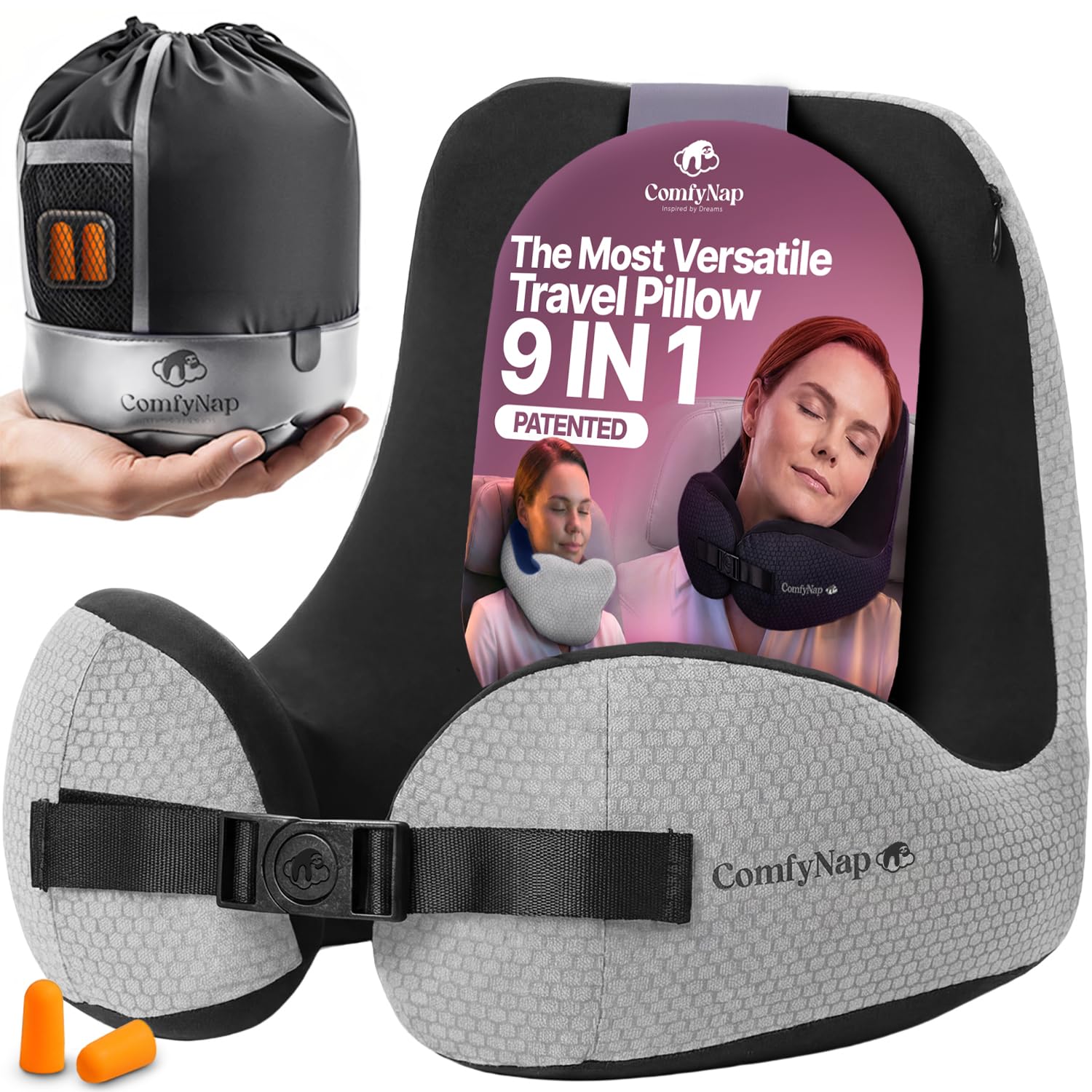Photo 1 of ComfyNap® Versatile Travel Neck Pillow for Airplane [Patented], 9 Positions in 3 Techniques, Plane Pillow with Pure Memory Foam, Travel Pillow with HeadRest Flight Sleep, Travel Essential - Moon