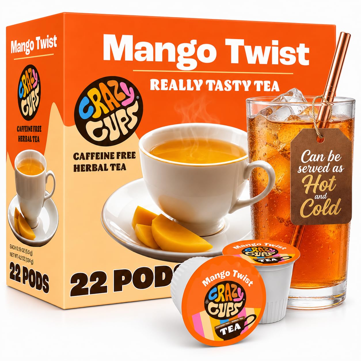 Crazy Cups Mango Twist Herbal Tea Pods, 22 Count | Caffeine Free, Kosher Certified, Fruity Tropical Chamomile Blend with Ginger & Hibiscus, K Cup Compatible, Vegan, Gluten Free Herbal Hot or Iced Tea