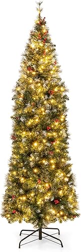 Goplus Árbol de Navidad preiluminado de 7 pies, árbol de Navidad artificial delgado con bisagras con 350 luces LED blancas cálidas, 818 puntas de