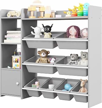 GLACER Kids Toy Storage Organizer, 4-Tier Toy Shelf w/8 Plastic Storage Bins & Metal Rack, Montessori Shelf w/Large Cabinet, Toddler Book Shelf and Toy Organizer for Nursery, Daycare, Playroom Gray