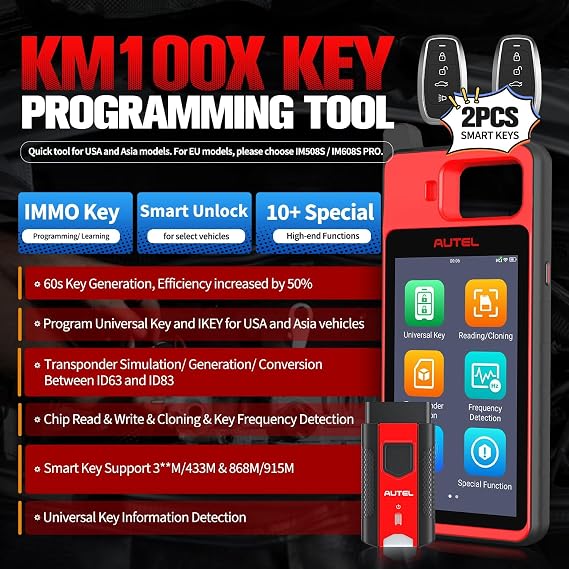 Autel MaxiIM KM100 (X) Key Programmer, 2026 Lite Ver of IM508S IM608 PRO II, 60s Key Generation, IMMO Key Fob Programming Tool, Transponder Chip Read/Write/Clone, 2 Autel IKEY
