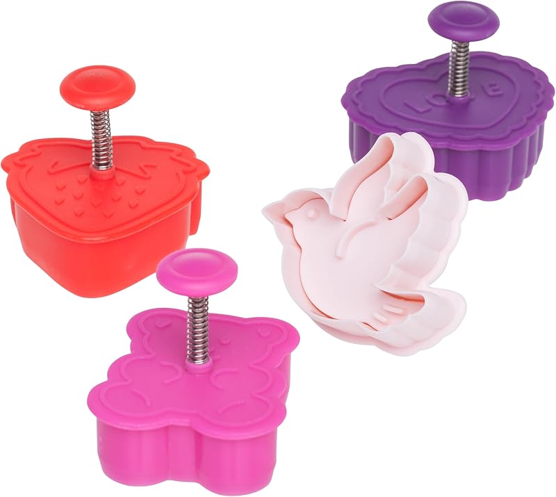 Valentine Themed Plunger Cutters, Set of 4 Shapes for Cutting Decorations & Direct Embossing, Spring-loaded Handle, Food Safe Plastic