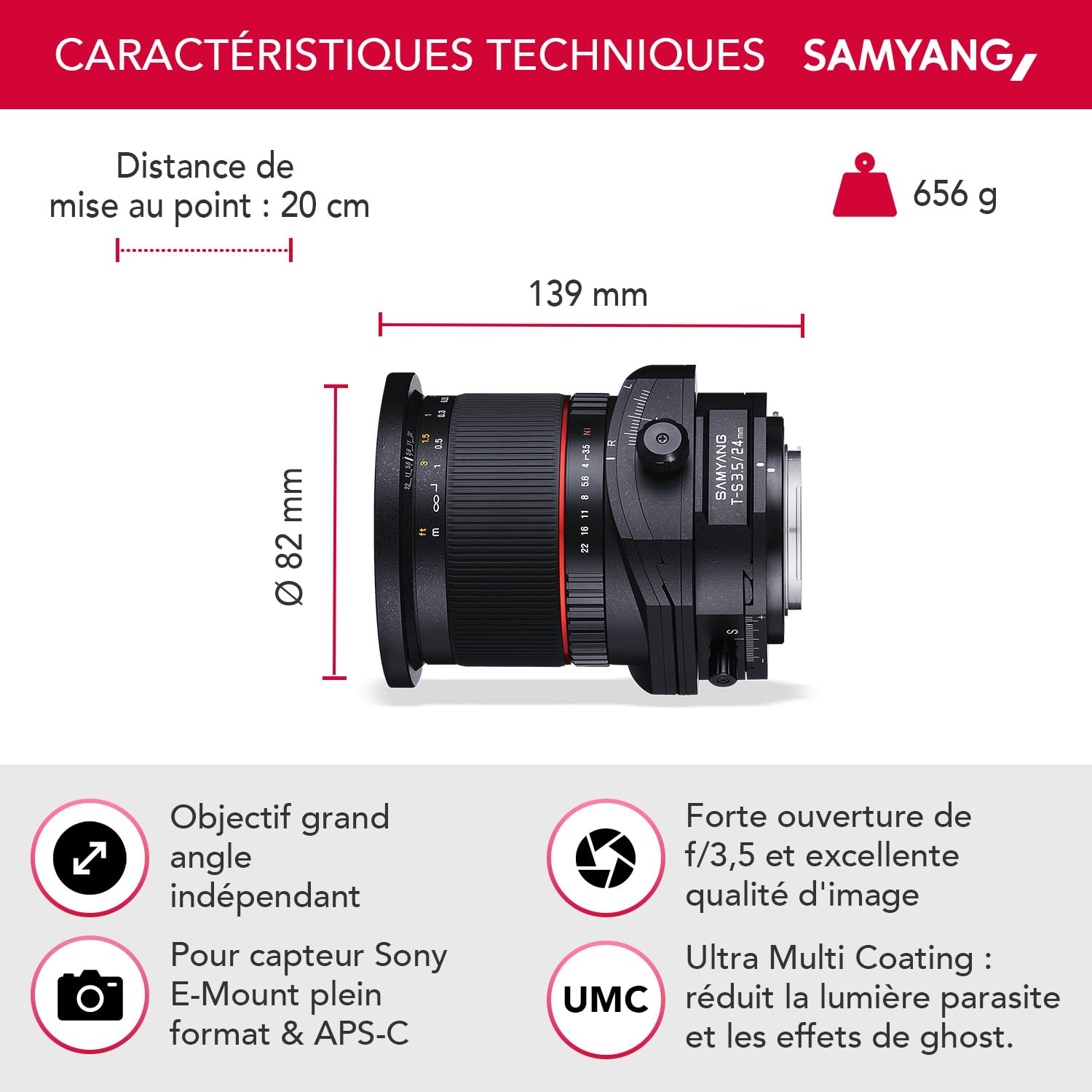 Samyang MF 24 mm F3,5 T/S pour Sony E - Tilt Shift plein format et objectif grand angle APS-C - Mise au point manuelle - Distance focale fixe pour appareil photo Sony avec E Mount