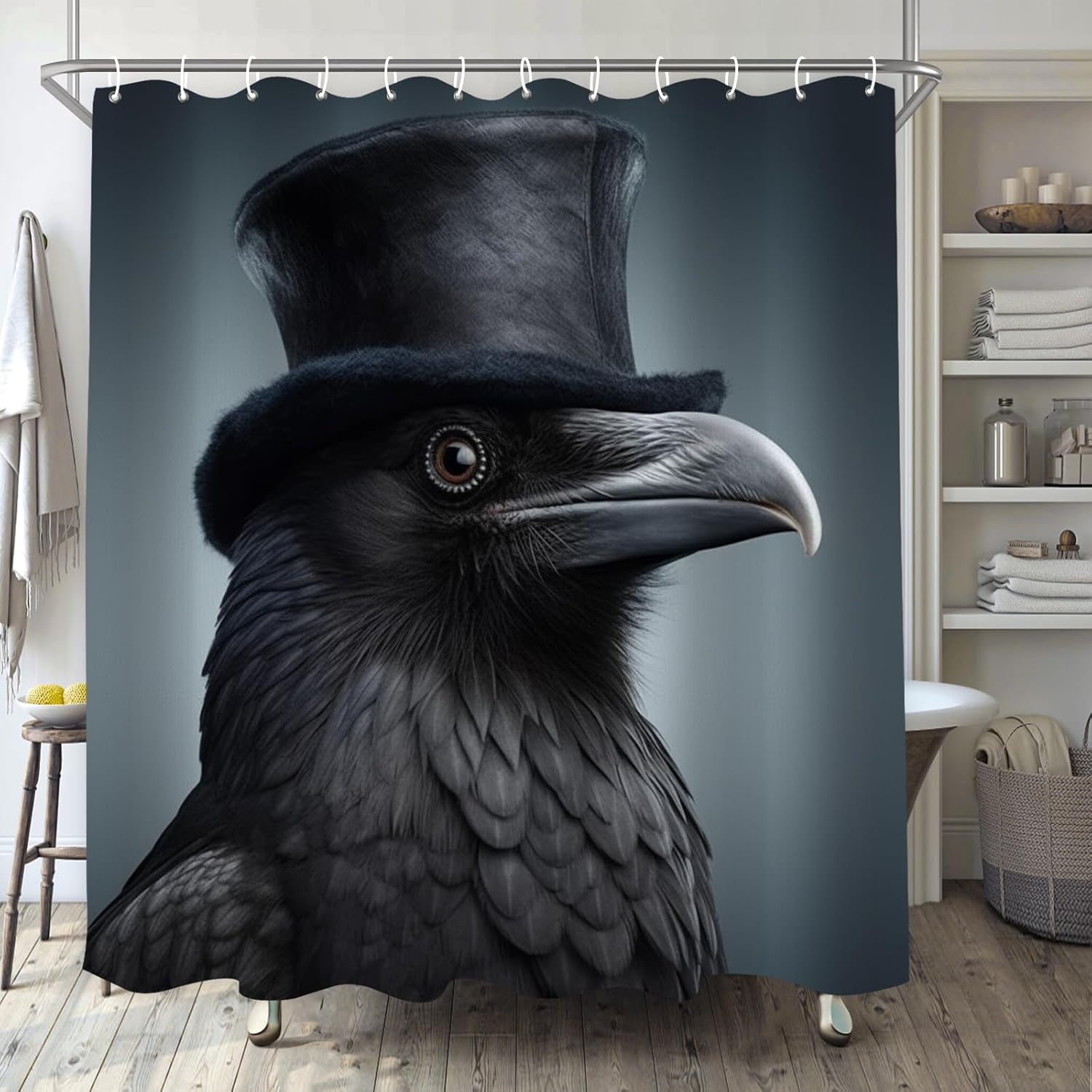 Black Hat Crow Shower Curtain for Bathroom, Hippie Bird Boho Shower Curtain Set, Funny Fabric Modern Waterproof Bathroom Decor with 12 Hooks 72x72in B
