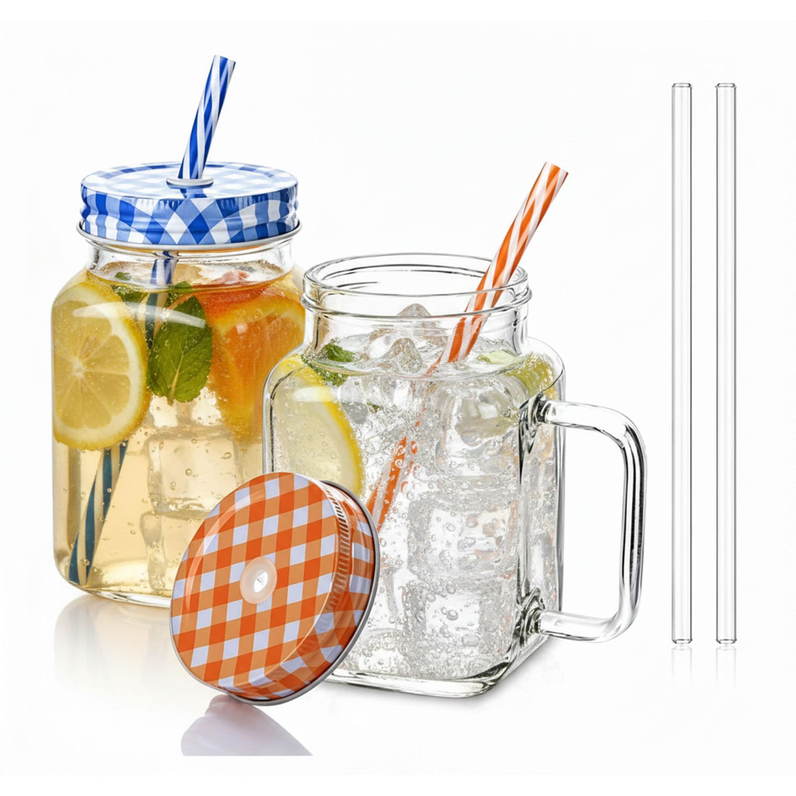 Raoletin 2 Pack Glass Juice Bottles with Lids 17oz Milk Bottles with Handle, 4 Reusable Straws, Leakproof Smoothie Bottle Cups Salad Jars Wide Mouth Mason Jars for Iced Coffee, Juice, Water