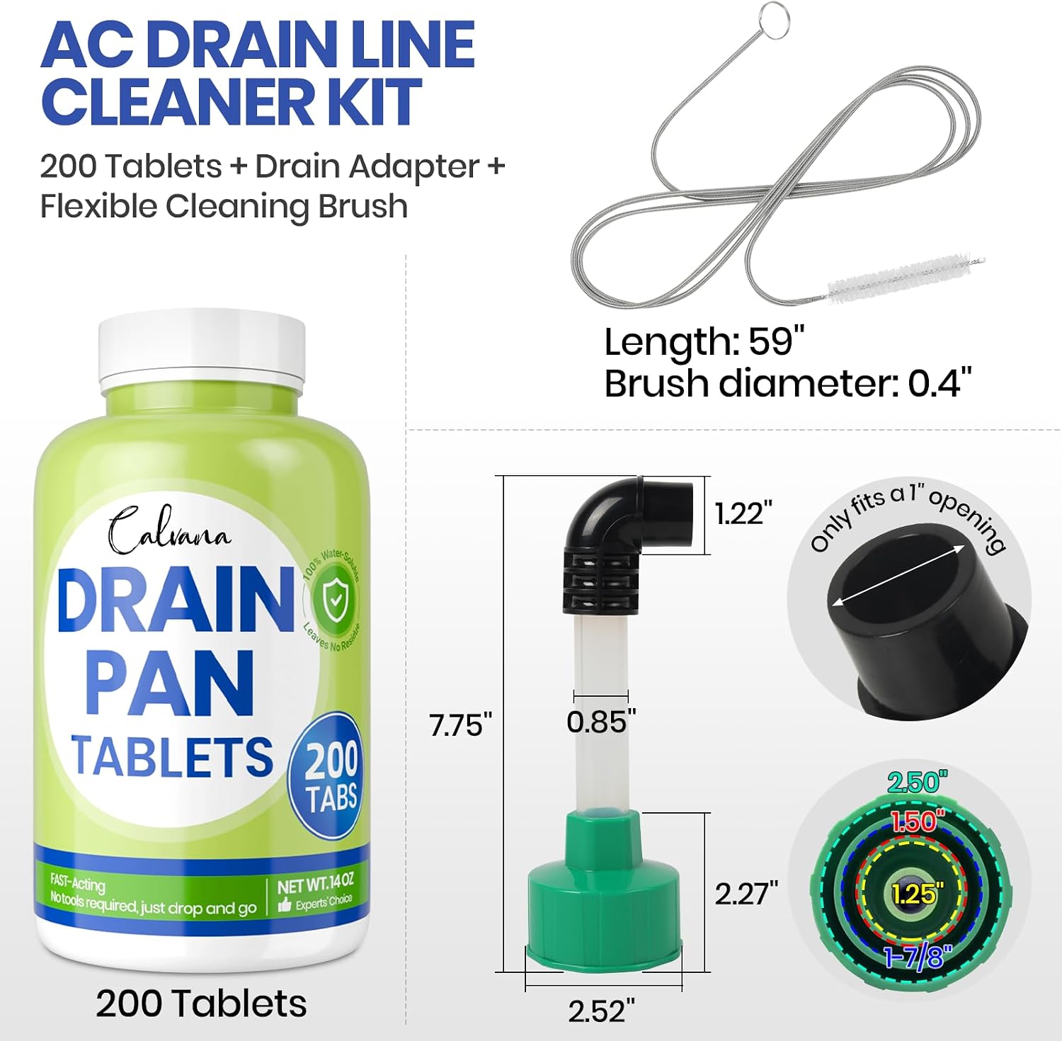 Calvana AC Drain Line Cleaner Kit with 200 Tablets, Adapter and Flexible Brush for HVAC, AC Unit, Mini Split and Dehumidifier