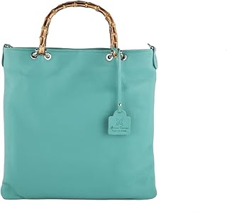 Shopping morbida in vera pelle con manico in bamboo e tracolla