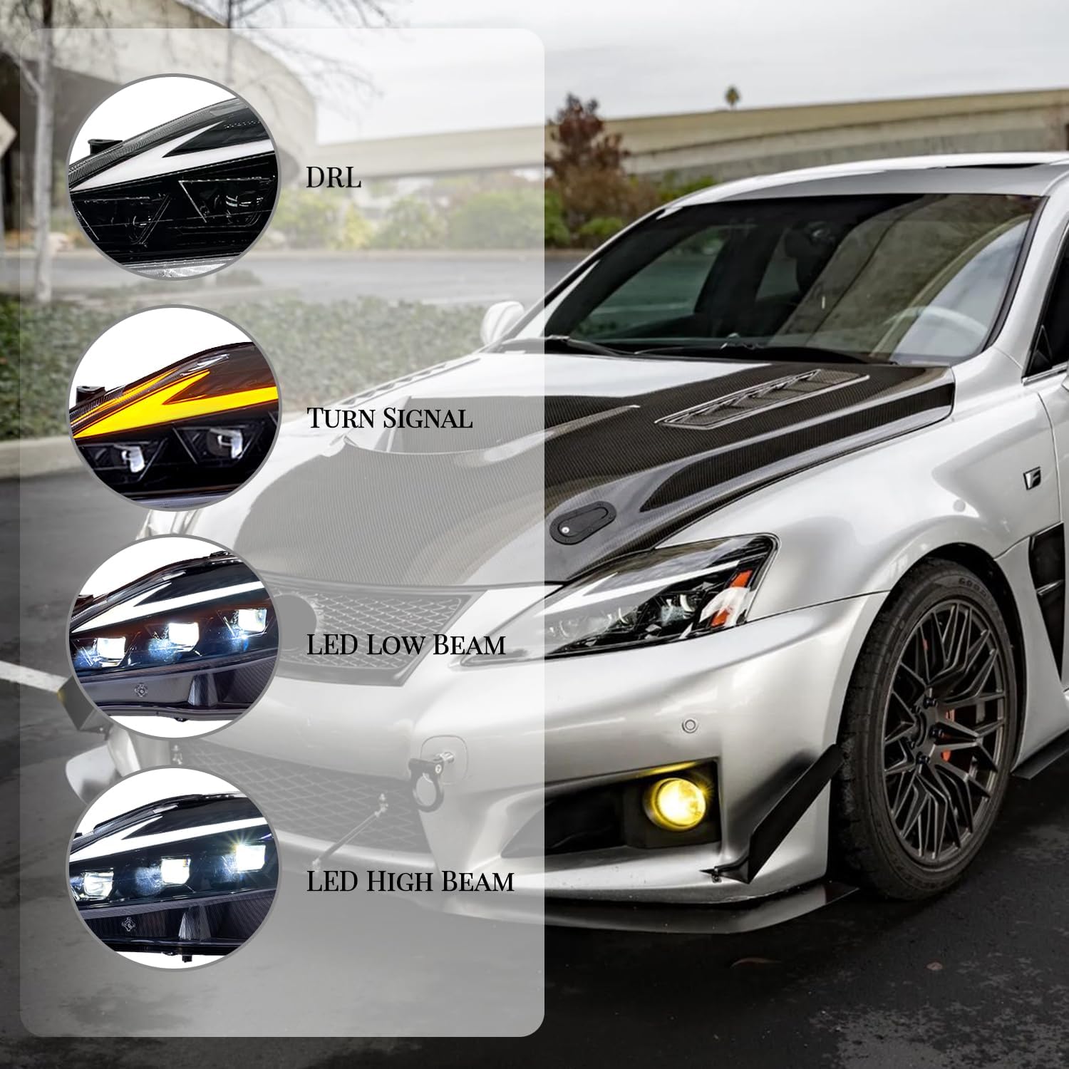 HCMOTIONZ HCmotion Headlights Compatible with Lexus IS250/ IS250C IS350 IS350C IS220d 2006-2012, ISF 2008-2014 With DRL Start UP Animation&Sequential Indicator Amber(Headlight Amber Reflector)