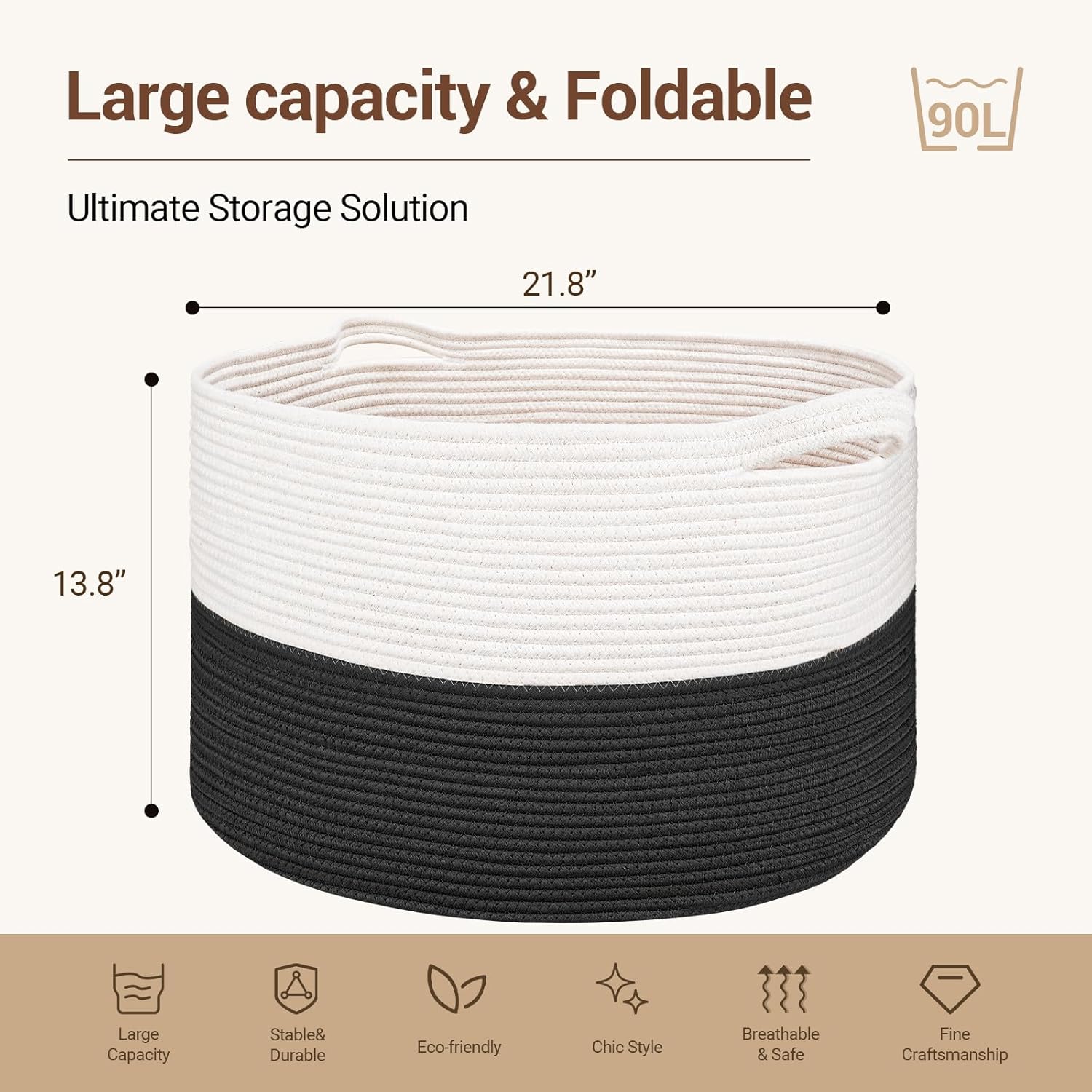 Large Blanket Basket White & Black Storage Basket 21.8" x 21.8" x 13.8", 90L,Woven Laundry Basket, Laundry Hamper Toy Basket for Living Room Towels, clothes,Pillows