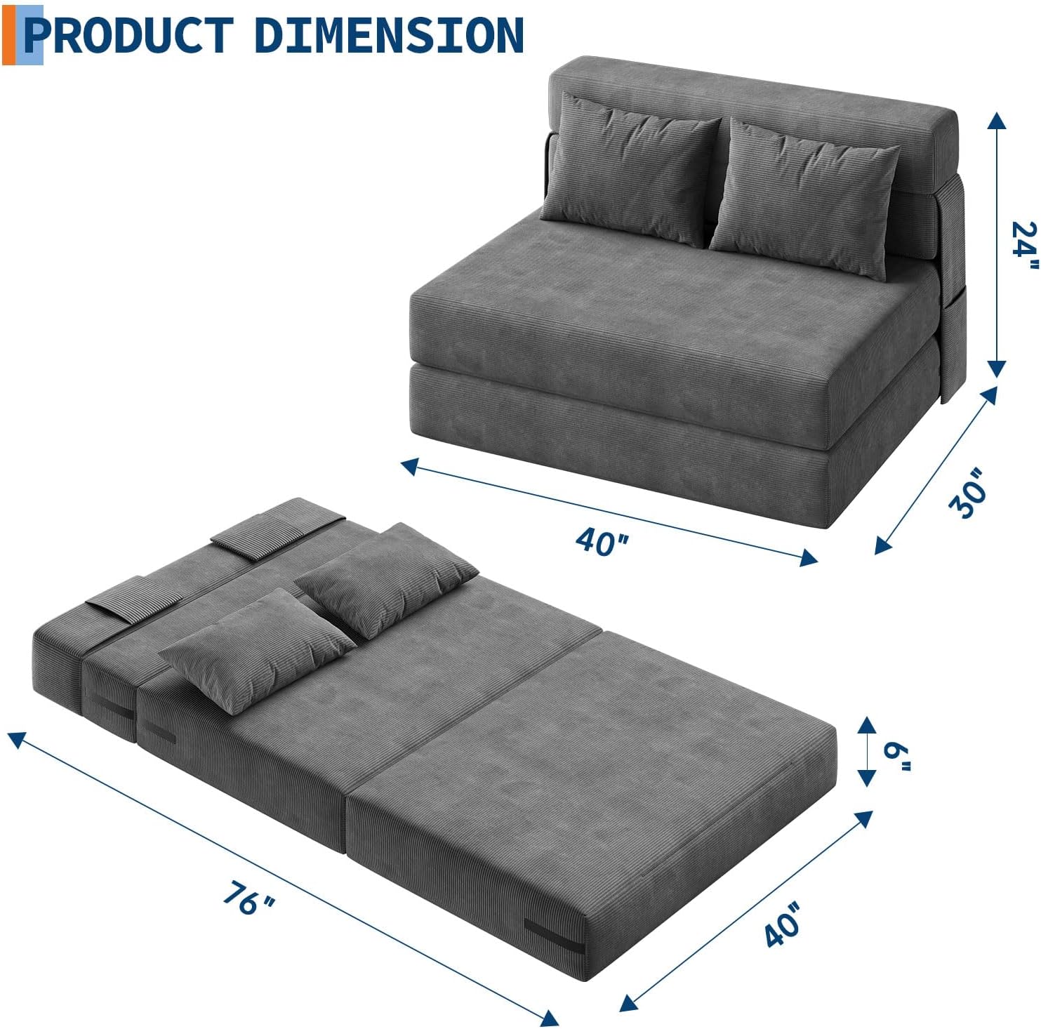 Garvee 4-in-1 Folding Sofa Bed & Chair Bed - Convertible Sleeper, Fold Out Loveseat Sofa Couch with Pillow, Tufted Floor Lounge for Living Room, Bedroom, Guest Room, Dark Grey
