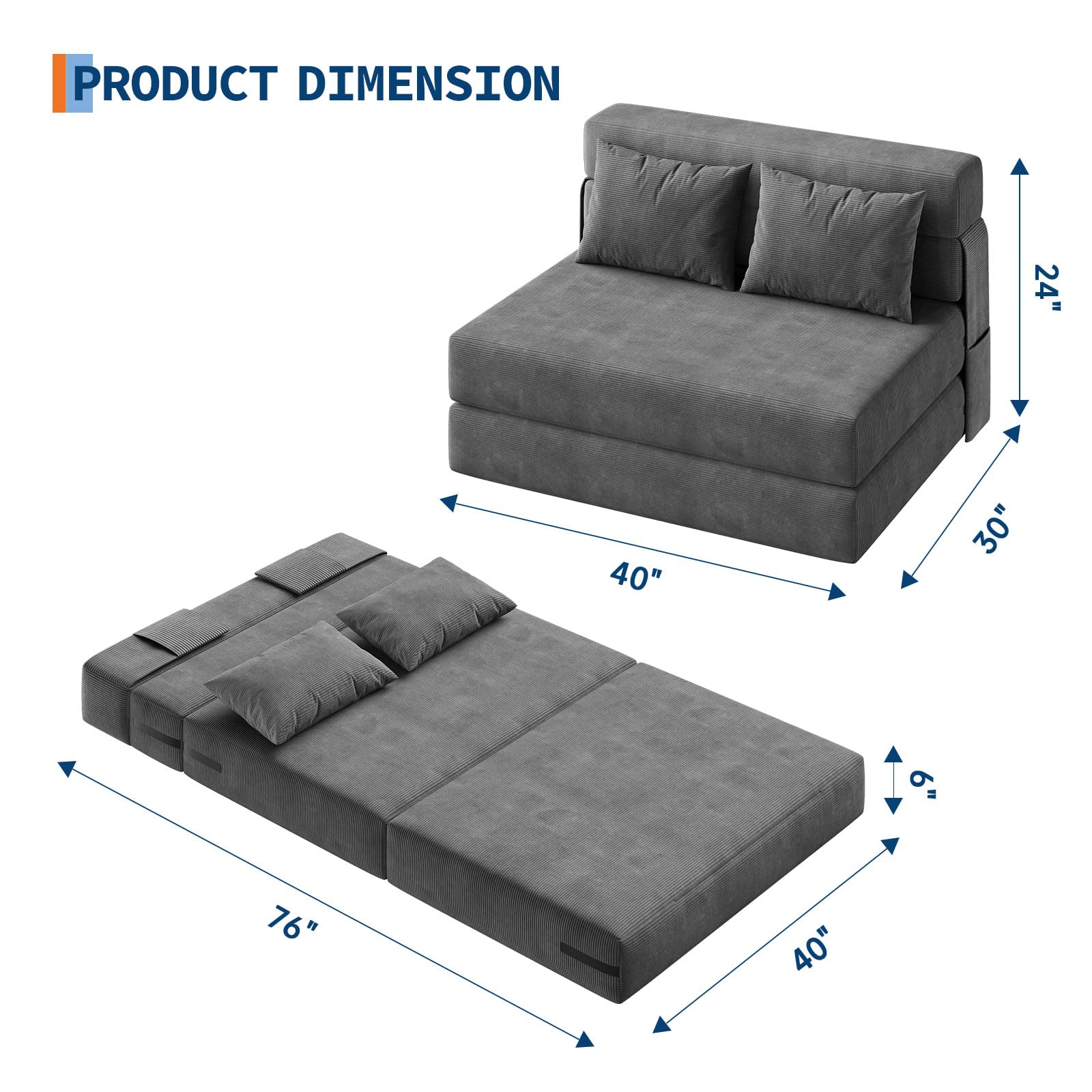 4-in-1 Convertible Folding Sofa Bed Chair with 2 Pillows – Tufted Twin Sleeper Loveseat, Portable Pull-Out Futon Couch, Comfy Floor Lounger with Back Support for Living Room, Bedroom, Guest r