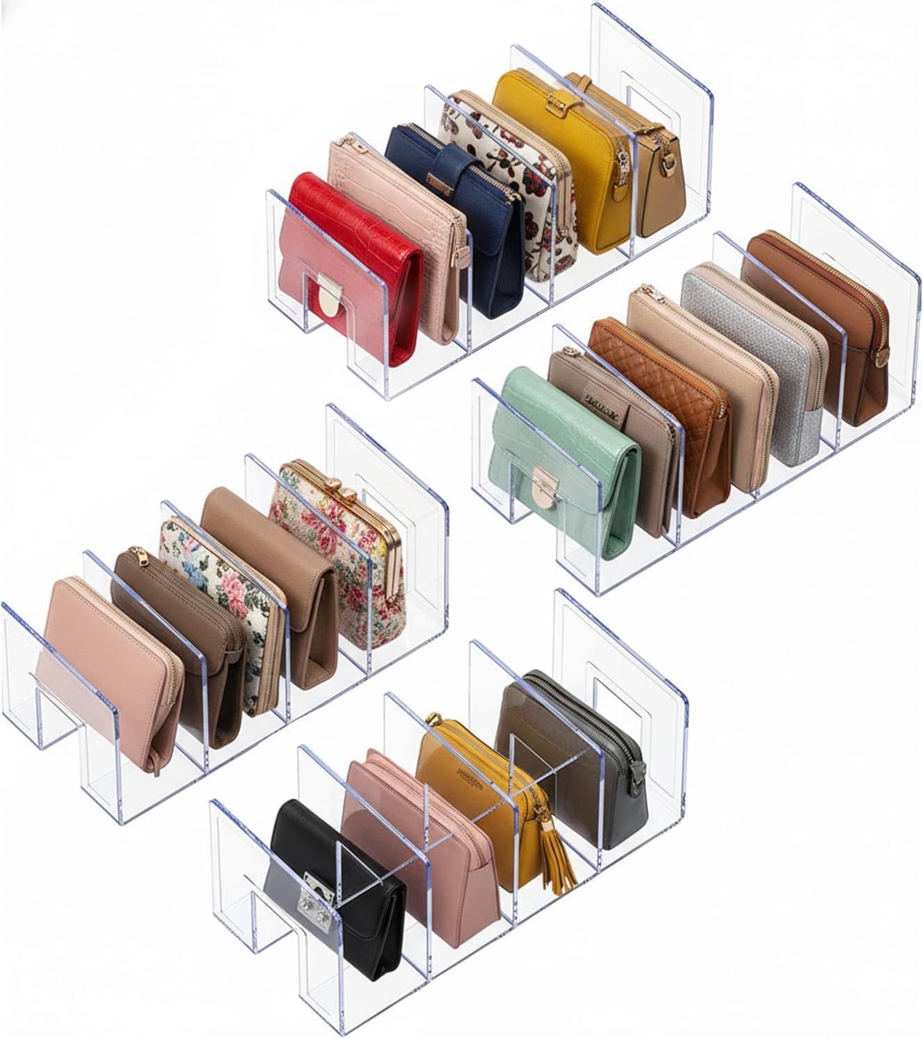 YAGELI Clear Acrylic Purse Organizer for Closet, 3-4 Section Desk File Sorter, 2.95" Wide Slots for Clutches, Handbags, Binders & Folders, Sturdy Stackable Bookshelf Organizer