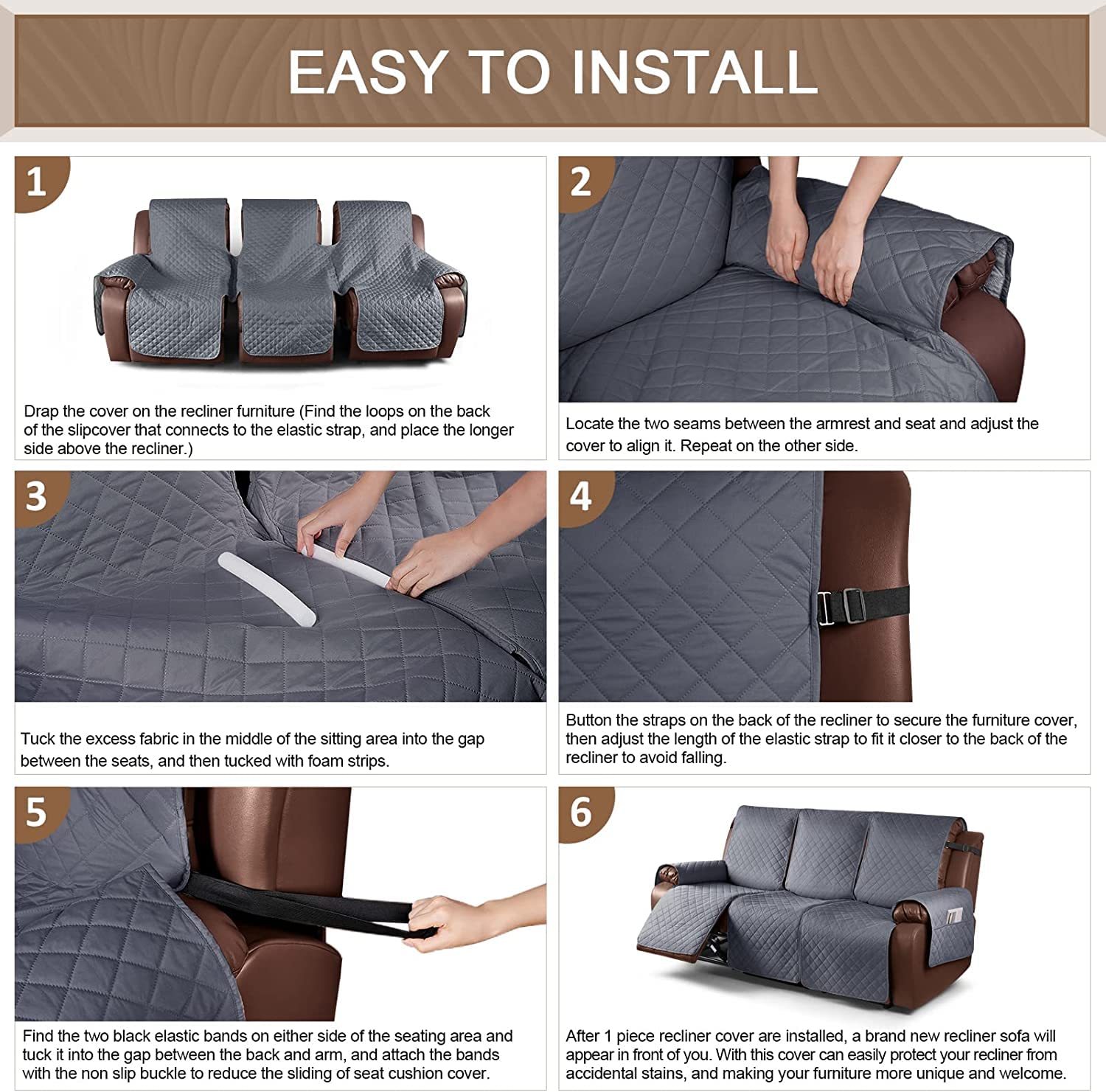 Funda de Silla Relax Antideslizante Funda para Sofá, Funda Sillón Reclinable Impermeable con Reposabrazos y Bolsillos, Fundas de Muebles para el hogar con mascotas y niños (Gris Oscuro,3 Plazas/Sofá)