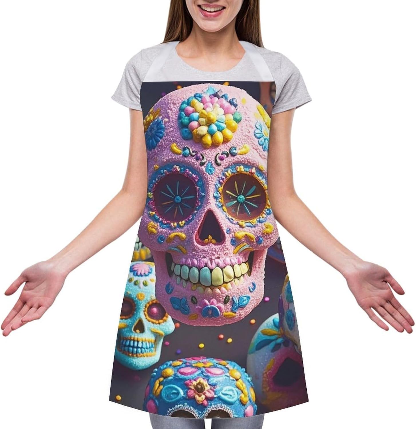 Sugar Skull Apron for Cooking Kitchen Chef Aprons with Pockets Unisex Professional Adjustable Bib Aprons Restaurant Waterdrop Resistant Apron for Men Women Waiter