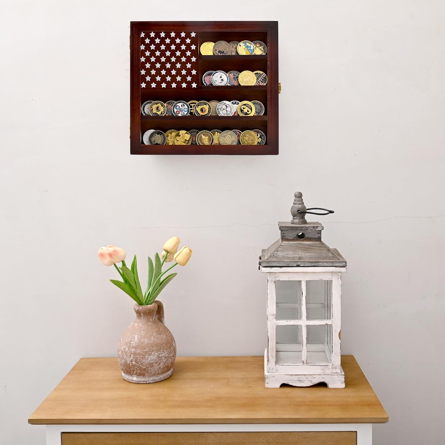 SwallowLiving Wall Mounted Challenge Coin Display Stand with Acrylic Glass, Wooden Military Coin Holder Rack (Brown) image 3