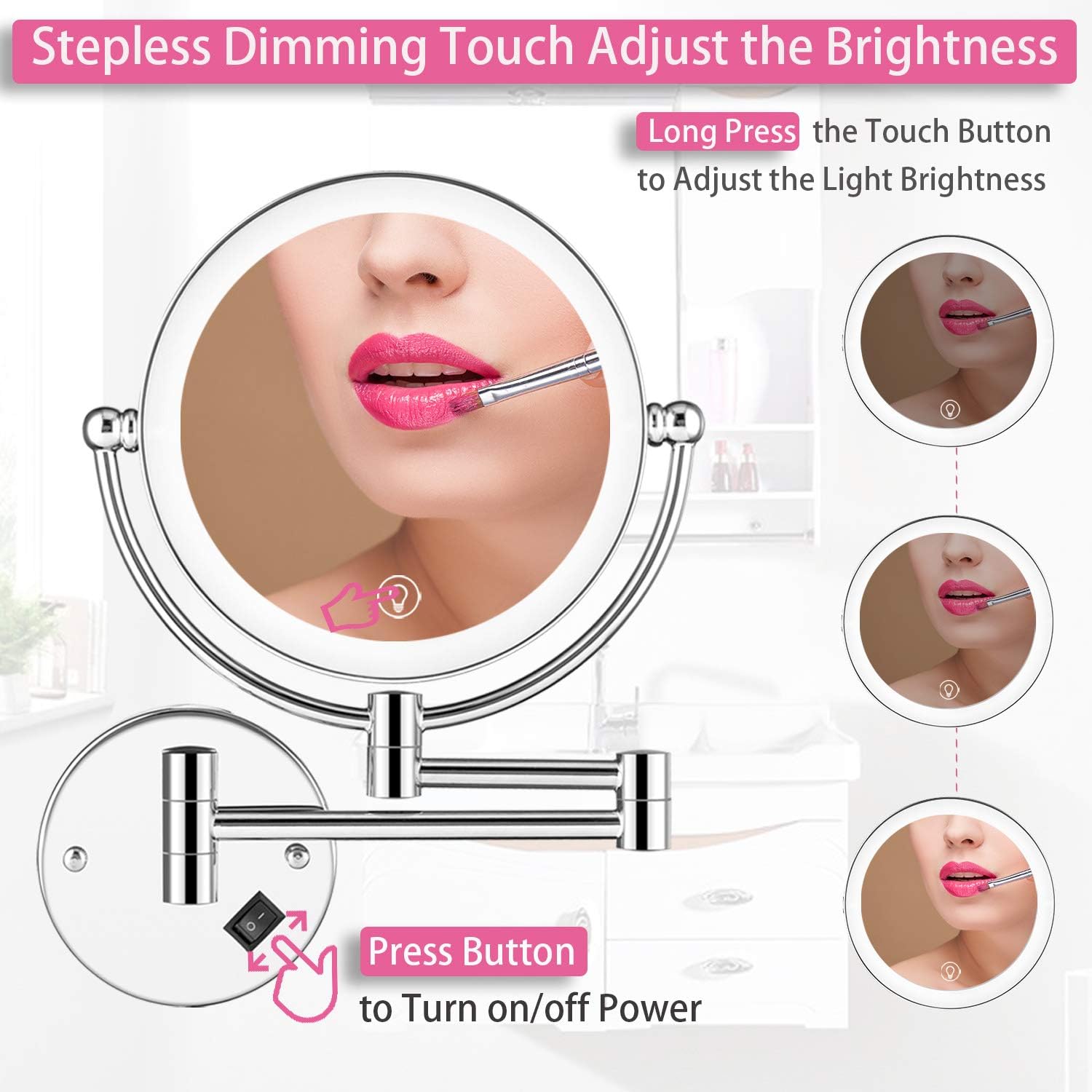 Get Popular Offer AMZNEVO Wall Mounted Makeup Mirror LED Lighted Touch Button Stepless Adjustable Light Double Sided 1X/5x Magnifying Vanity Mirror 360° Swivel Extendable for Bathroom Powered by Plug in-8 inches